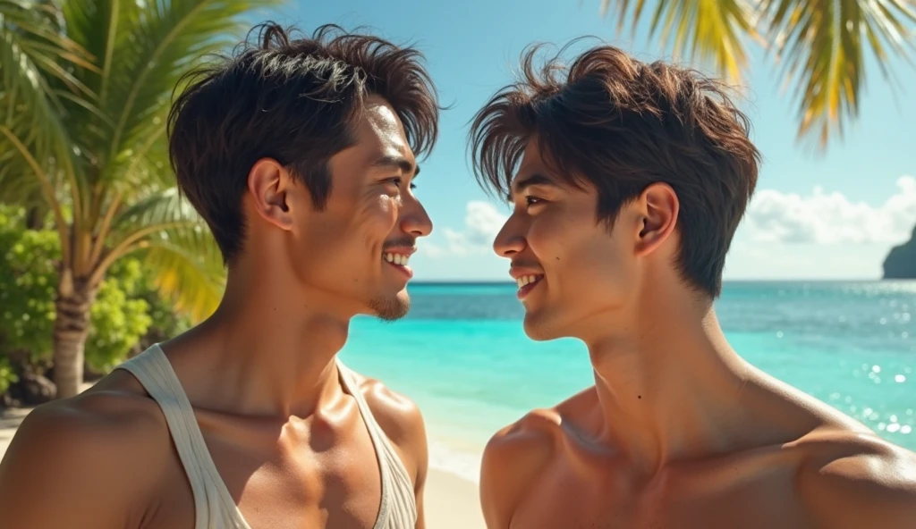The models are all 2 males aged 1., Good figure with muscles,?????, Total height 2 meters. The two of them looked cheerful and close to each other.. They are Korean with blond hair, white, and tall. ????? guys , big penis, butt plug. The backdrop is a beach., beautiful sea, white sand, Realistic picture. Sitting down, one hugging the other from behind