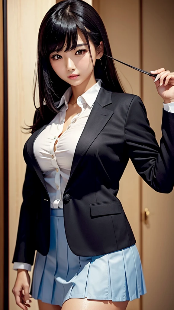 Tabletop、highlight、Asian woman、Black Hair、Heavy bangs、breast enhancement、high school girl、blazer、skirt、Gazing Eyes、Support your chest with your arms、