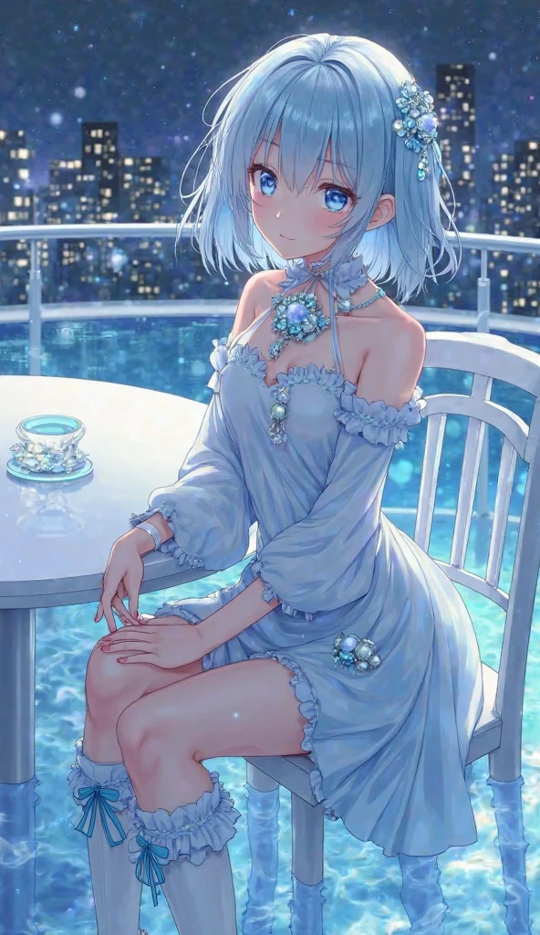 (view from behind photo:1.1, in blue marine:1.5), Masterpiece, best quality, (very detailed CG unity 8k wallpaper), (best quality), High definition RAW color art, Animation,sculptures, (pink Marble Skin), (((Ultra detailed elegant))), Magical atmosphere, Detailed skin, Texture,(Intricately detailed, Fine detail, ultra-detail art), depth of fields, bokeh, Silky Touch, Hyper Detail, beautiful eyes, Elegant Face, (lying on pool), sparkle background, (silver hair), pastel purple, fat, embarrassing red face, shorthair, dress, フリル