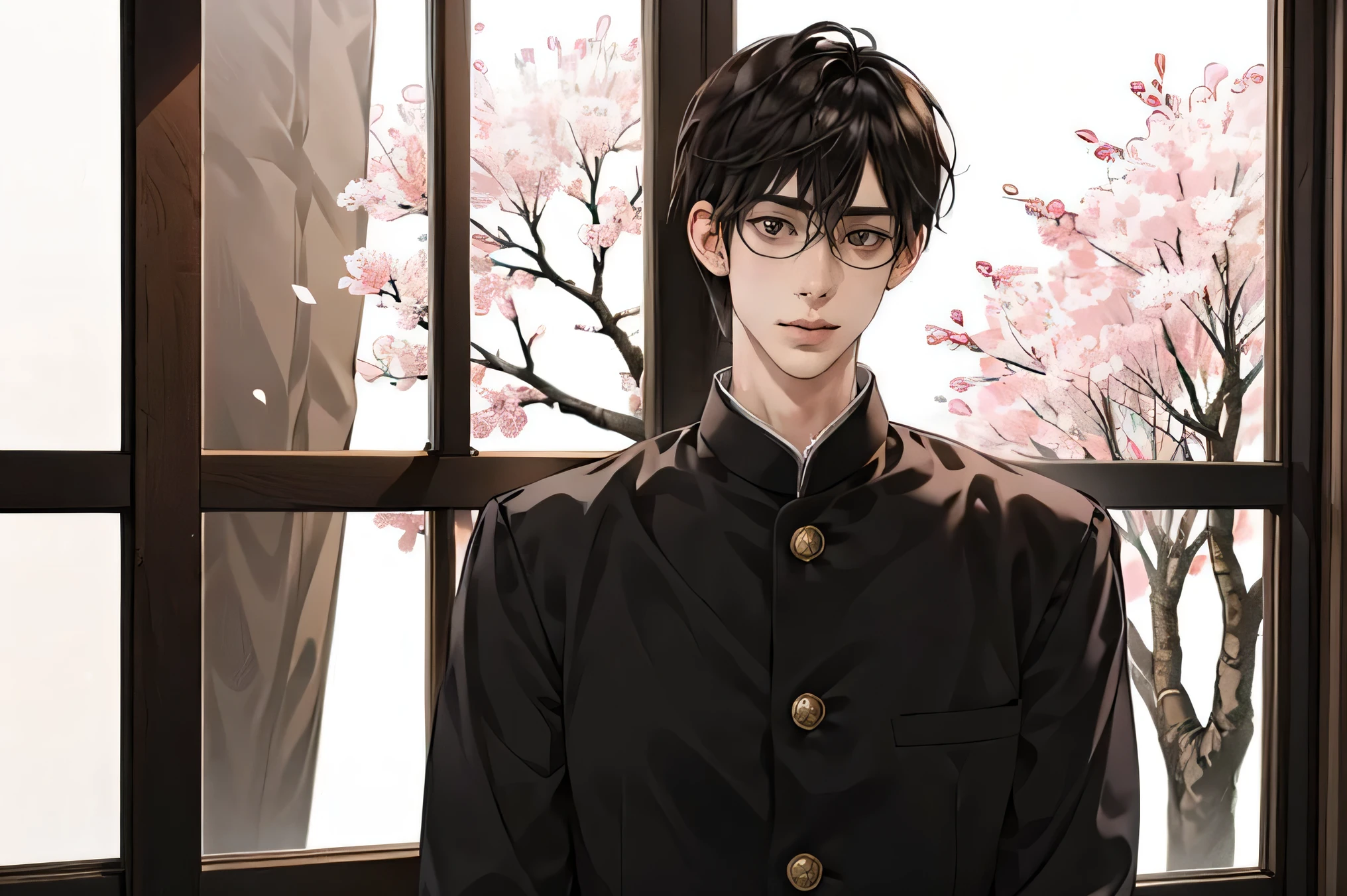 Japanese man handsome short dark-haired adult short cropped smile In the classroom window window windowの外は初春 there is only one cherry tree Black school run school uniform Black school run glasses Licensed