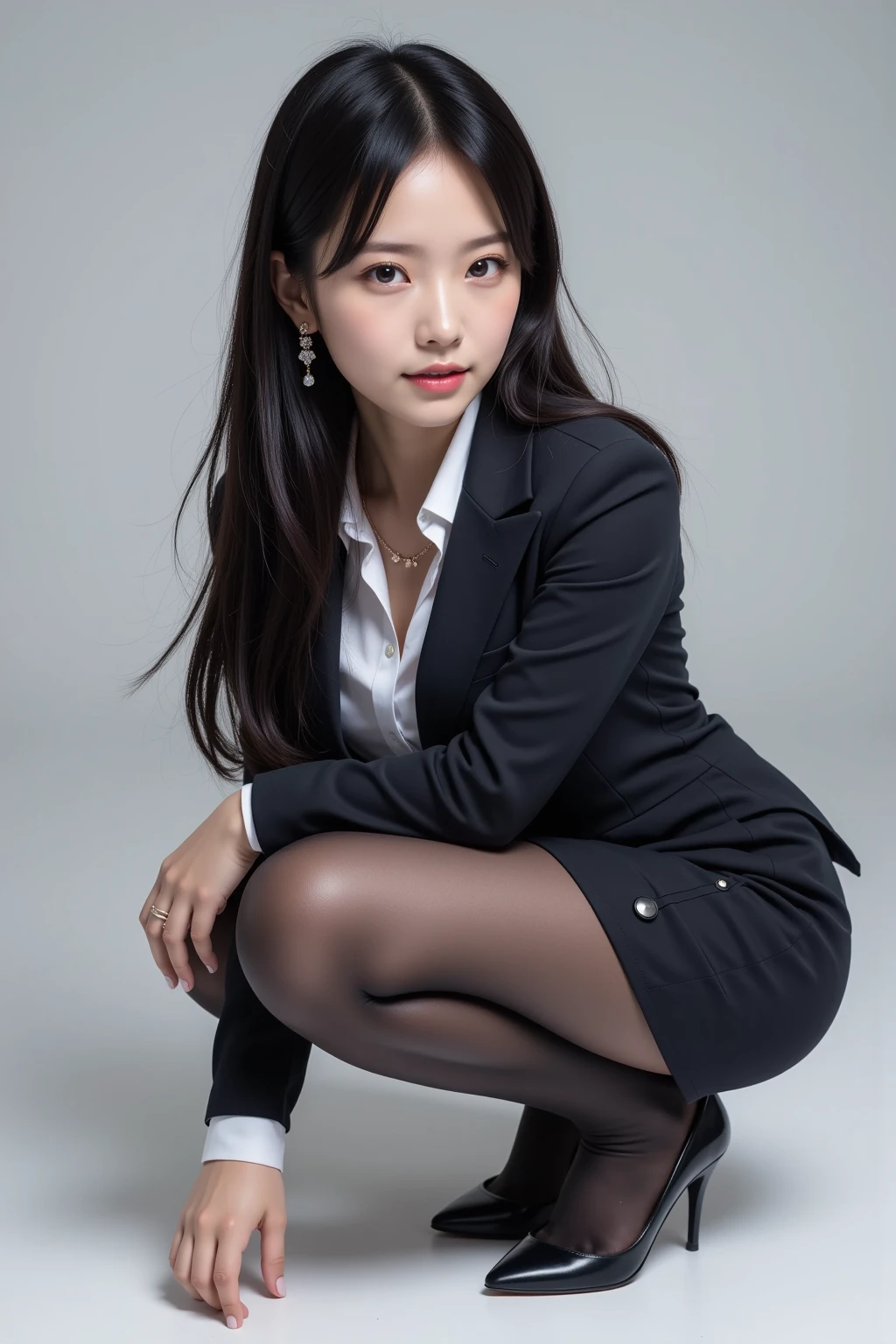 Young Japan woman lifting black suit onto shirt, Black leather gloves worn on both hands, Hands of a woman in a black suit and black leather gloves smile kindly at you