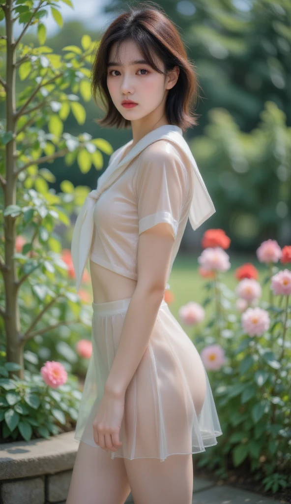 masterpiece, highest quality, High resolution, aamikoto, short hair, Hair Flowers, Exposing shoulders, Sleeveless shirt, White shirt, Are standing, Cowboy Shot, Outdoor,(hour々does not wear underwear),(hour々opens her vaginal opening with her fingertips:1),(Sometimes she&#39;s completely naked with her big ass exposed),(A very young looking girl　Small breasts),(The crack of the pussy is clearly visible:1.1),(Bitchy and naughty girl:1.3)