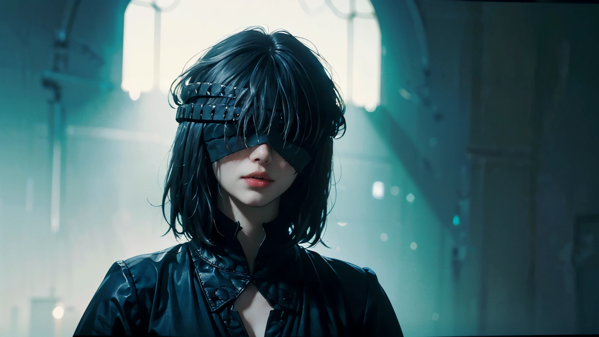 A mysterious asian girl with short black hair, wearing a black high-collared outfit with a glossy texture. (((Her eyes are covered by a black blindfold.))) The background is completely dark, with soft cinematic lighting highlighting her pale skin. The image has a moody, ethereal, and semi-realistic art style. center position. heads up. short bob hair. medium shot. no cut on head. ((dark crystal mask covering eyes, semi-transparent obsidian, glowing black edges))