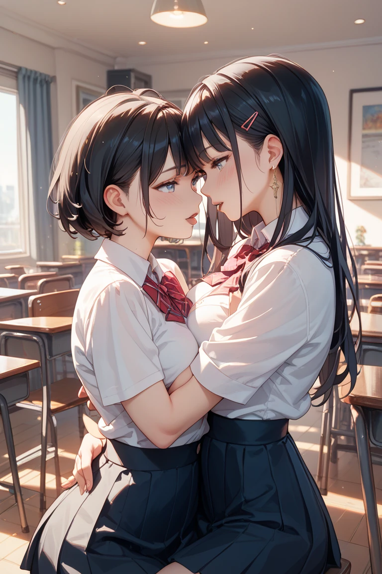 (Highest quality、16K resolution)2 girls、Natural soft light、High school classroom、They are sitting on a desk facing each other and gazing at each other.、About to kiss、They give each other loving looks、A uniform consisting of a short-sleeved white shirt and a skirt、City background with the setting sun shining through the window、Beaver、Female in her late teens、One of them has short hair and big eyes.、Soft appearance。The other one is、Long and sharp eyes、A solid and impressive appearance。Portrait、after school