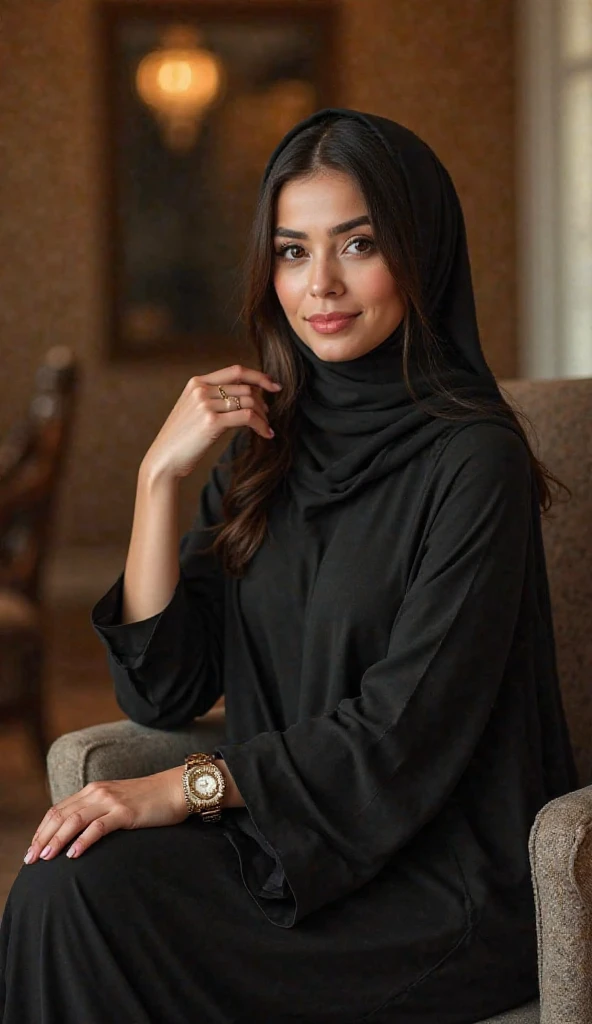 a beautiful young woman sitting on a chair, wearing a hijab and a long-sleeved dress with decorations on the chest area. The background looks softly blurred with warm bokeh light, indicating a twilight atmosphere. The woman's face is hidden.
