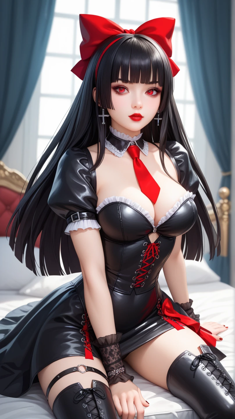 ((Best Quality)), ((masutepiece)), (Detailed), Perfect face A detailed face cleavage of the breast red eyes long, thick black hair Blunt bangs Solid background color She wearing a black and red blazer and miniskirt.。