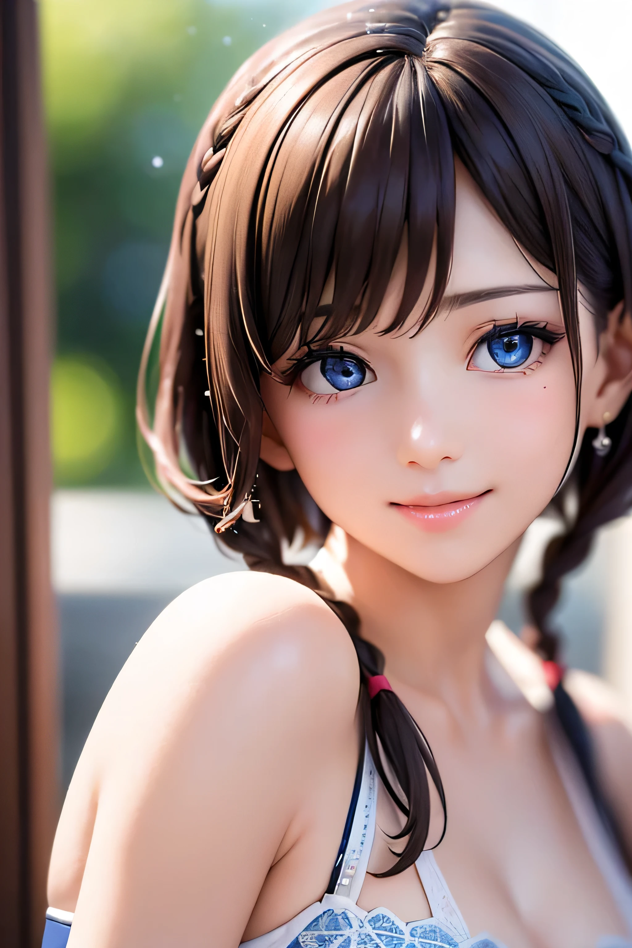 baby face, ( brown short hair :1.5,Halterbra:1.5,Short braids:1.5), (photorealistic:1.8), (masterpiece, sidelights in the form of drops, Exquisitely Beautiful Eyes: 1.5), masterpiece* portraits, realistic, 3d face,(cute face), front view: 1.6、 ( sparkling blue eyes :1.2),plump face:1.5,(We say:1.5)、(charming smile:1.2),Rosy Mouth, because I get used to ', abs, shiny hair, brown tanned skin , Glowing Skin: 1.5、medium breasts,Chest、alone,(stand)、(black thin i micro bikini:1.4)、(character emphasis:1.5、 portraits:1.5、upper body),Midsummer Beach Background,
