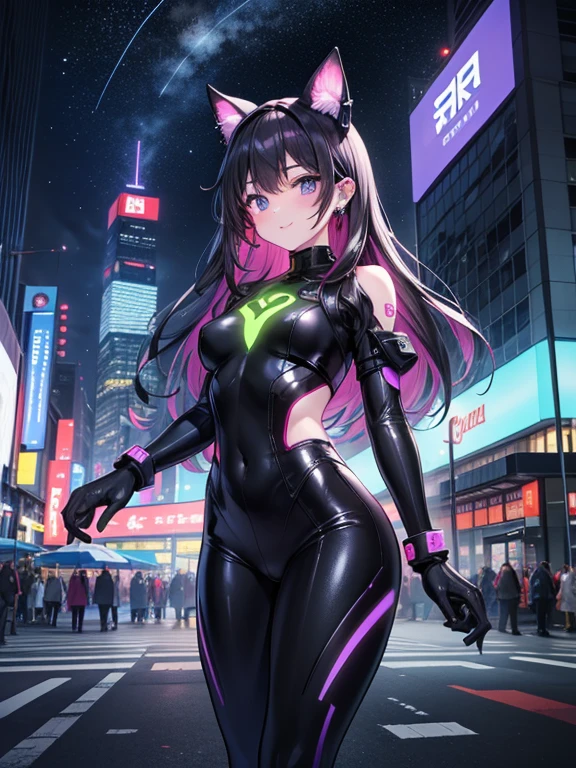 realisitic、tits out、Cyberpunk、cleavage of the breast、Beautifully shaped breasts、Overexposed、Cyber City、a moon、Moon Night、nightcity、((top-quality)), ((masterpiece)), (high-detail:1.3), 3D, Beautiful fece、mechanical suit、Near Future Cyber Suit、Black Cybersuit、Black Robot Costume、bustup、Kamimei、machinery suit