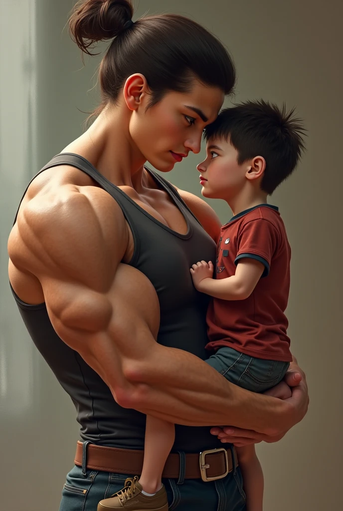 A man and a baby, Baby girl standing next to the man, This little girl is 10 years old, Good-looking muscles, Wide shoulders, Naked men exposed, nakeness, Men's brunette hair, Short hair, nakeness, Tall figure, Robust muscles, Cowboy shot, Anatomically correct,sitting in the couch