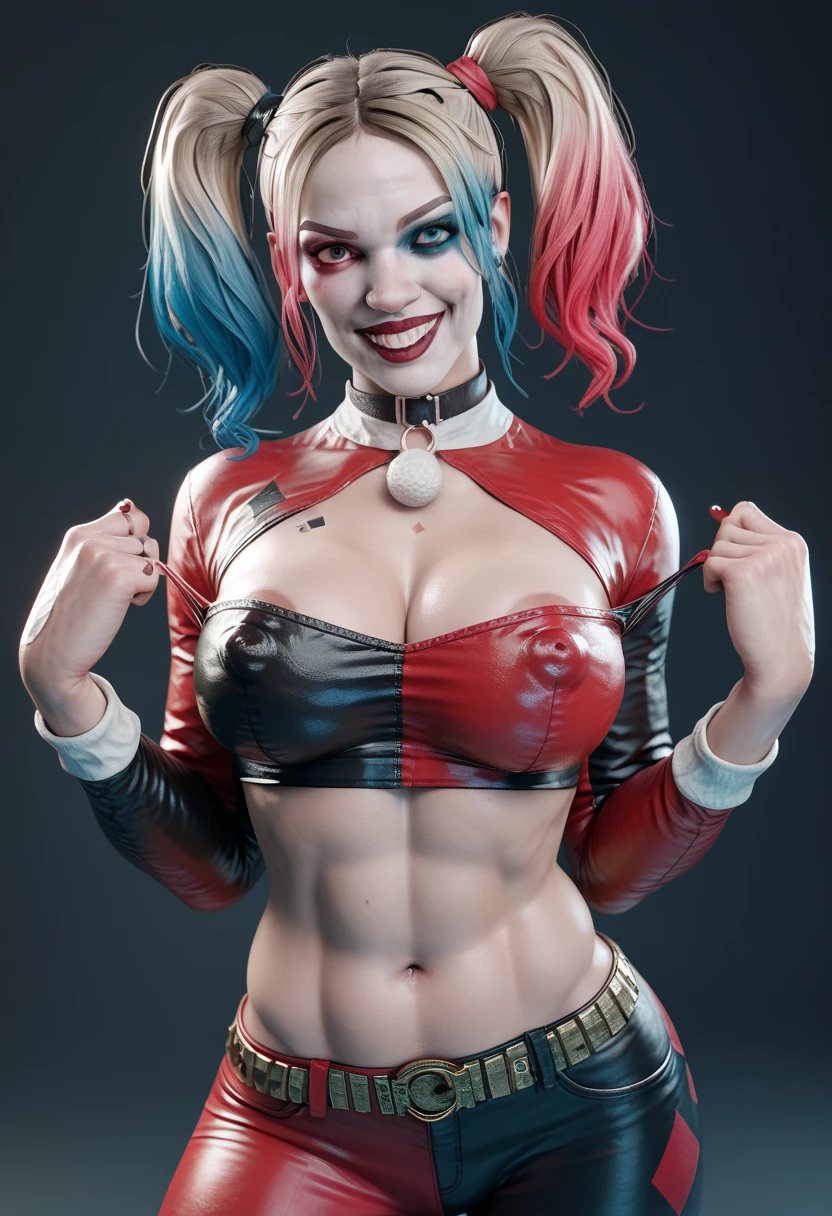 crie uma cena com Harley Quinn vestindo seu traje tradicional, with a sweet and angelic facial expression, parecendo muito linda e sexy, mas se comportando de maneira bem comportada. She must exude charm and grace when interacting with others, mostrando um lado diferente de sua personalidade. Make sure she maintains her traditional appearance and turns heads with her elegant and composed demeanor.