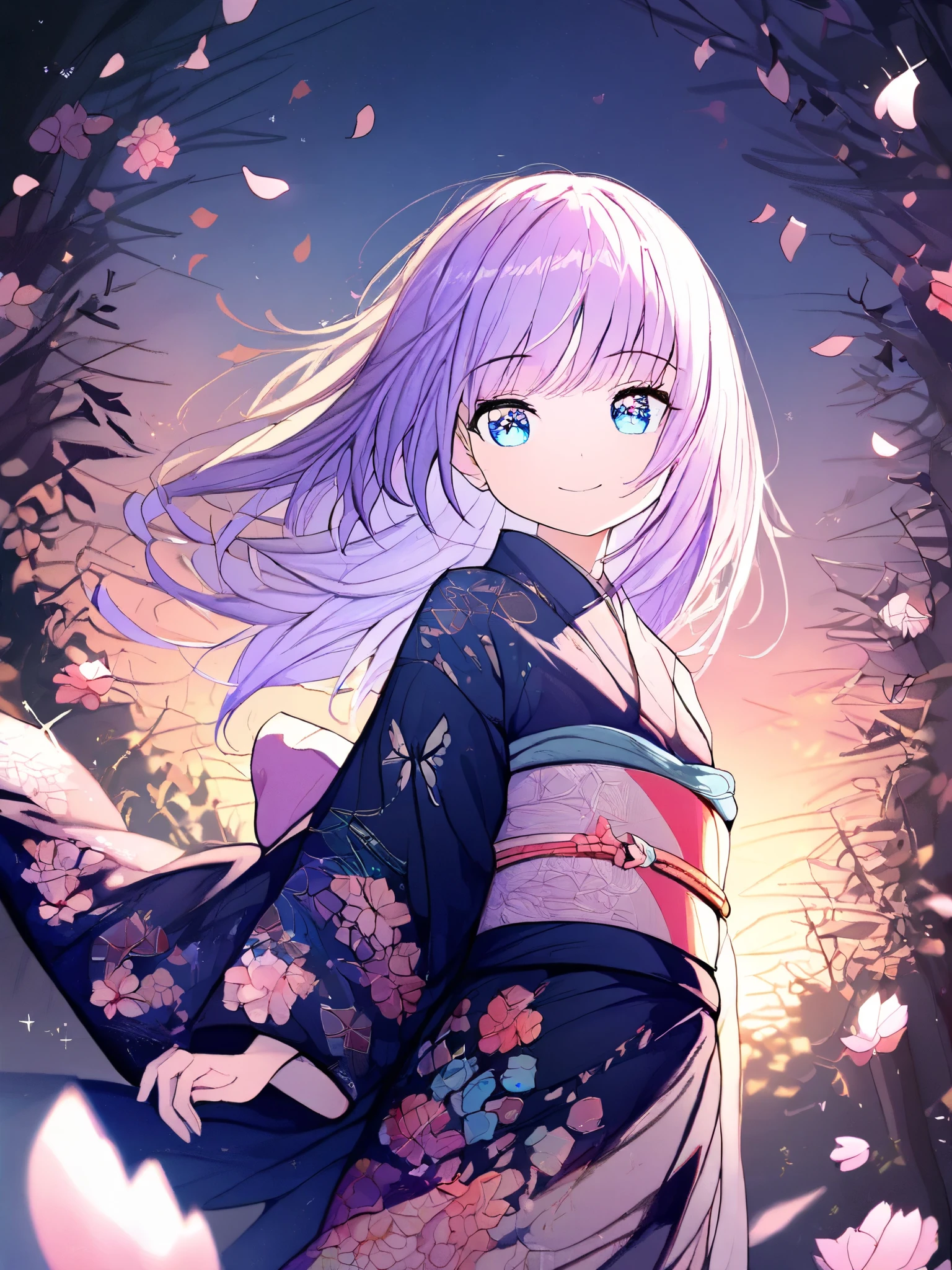 masterpiece, {{best quality}}, {super detailed}, {beautifully detailed eyes}, software,(Alone:1.0), ( girls:1.3), Mysterious Forest ,short twin tail, knee shot ,Detailed Patterned Kimono , (purple hair :1.2), (Sparkling blue eyes:1.2), ( petals, falling petals:1.3), (dusk, night , evening:1.2), cinematic lighting, (light:0.5),smile