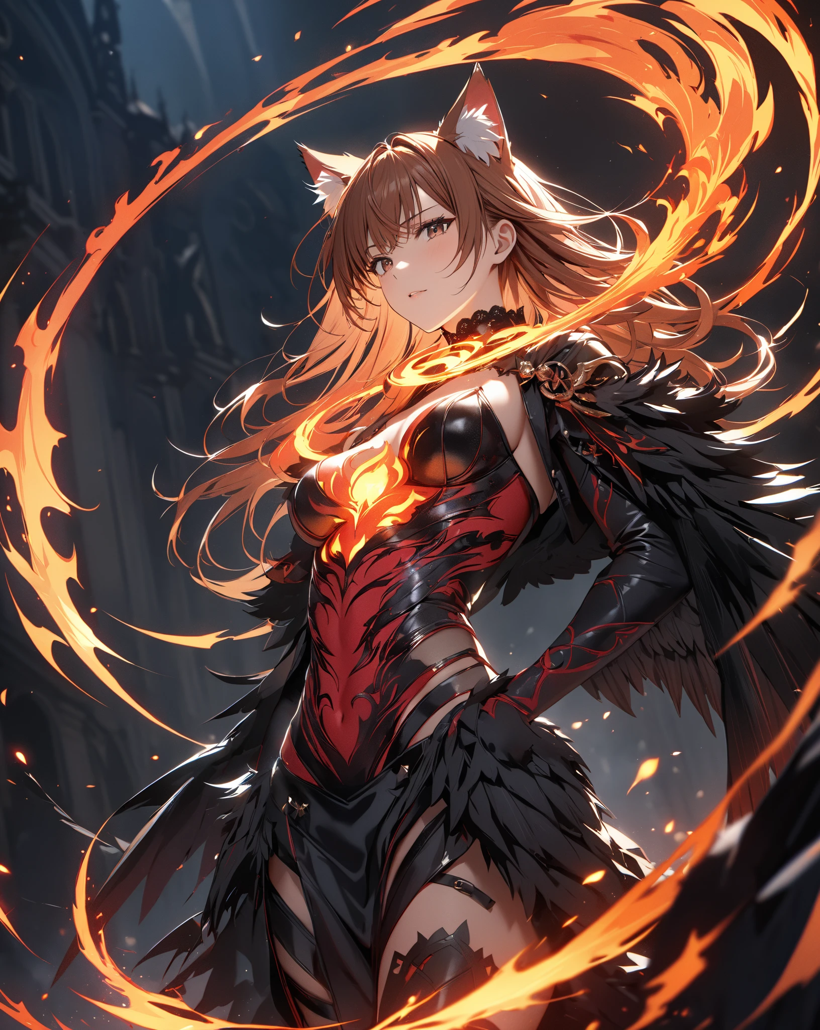 Create an anime girl with cat ears dressed in a black dragon armor, standing confidently with a flaming sword. She should have a fierce yet graceful appearance, with a majestic phoenix on one shoulder. The background should depict a battlefield at dusk, with glowing embers and a dramatic sky. Bare shoulders, evil smile, reflex on the red eyes.