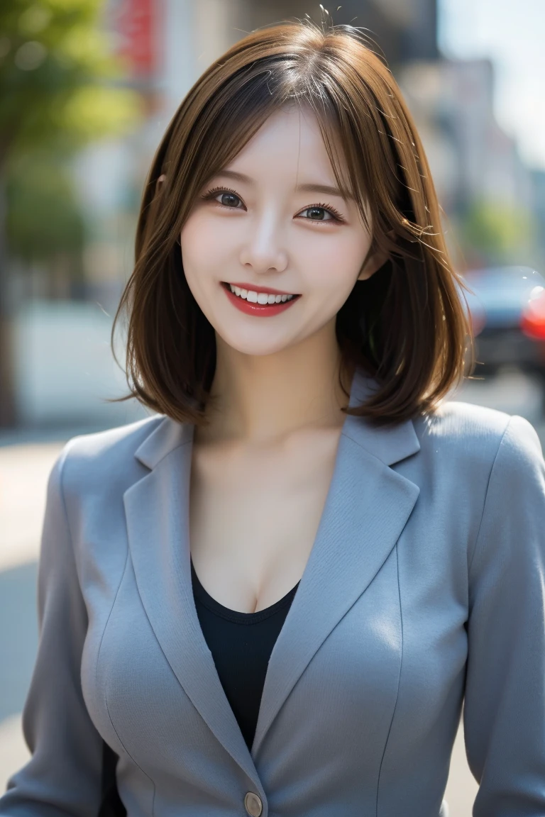 Commuting Office district Walking、, Highest quality, shape, Very detailed, In detail, High resolution, 8k wallpaper, Perfect dynamic composition, Beautiful details,  Natural Lip, suit, Big Breasts, Cleavage, She is looking at me and smiling.., A masterpiece of the whole body, Side shot