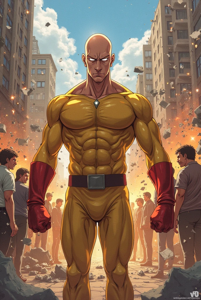 Generates an image of a bald person in a yellow superhero suit with a red cape beating up goku 