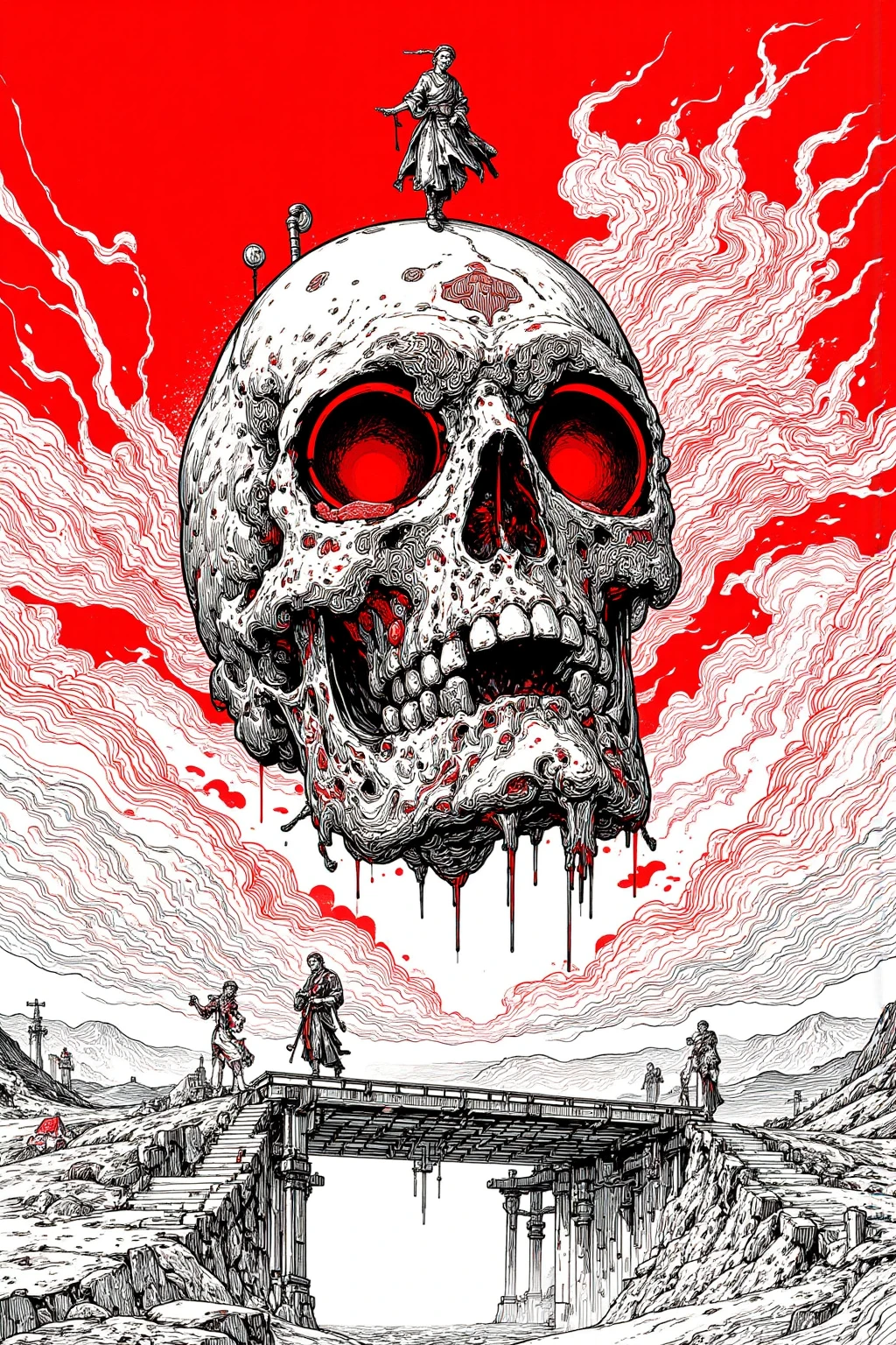 The skull of a red-eyed giant is buried in the desert,There is an Ukiyo-e of a man standing on that skull,skull painting,Red skull nose, detailed cover art ,Black Details ,Scary works, Exorcist ,abstract and abstract sky, mystical horror art , burning bright red hollow eyes,mixed style Ukiyo-e manga,Ink Sketch, picture drawn with brush and ink  ,Professional Drawing  , Black and white painting ,  Ink painting  , sharp concentration , Super Detailed Picture Inspired by Lotte Reiniger,ukiyo-e,   繊細なInk paintingの詳細  ,  Extra Fine Ink details ,occult art  ,  graphic details   ,  Ink drawing  , Detail shot,  Amazing Details , Ukiyo-e style with black and white airbrush painting ,