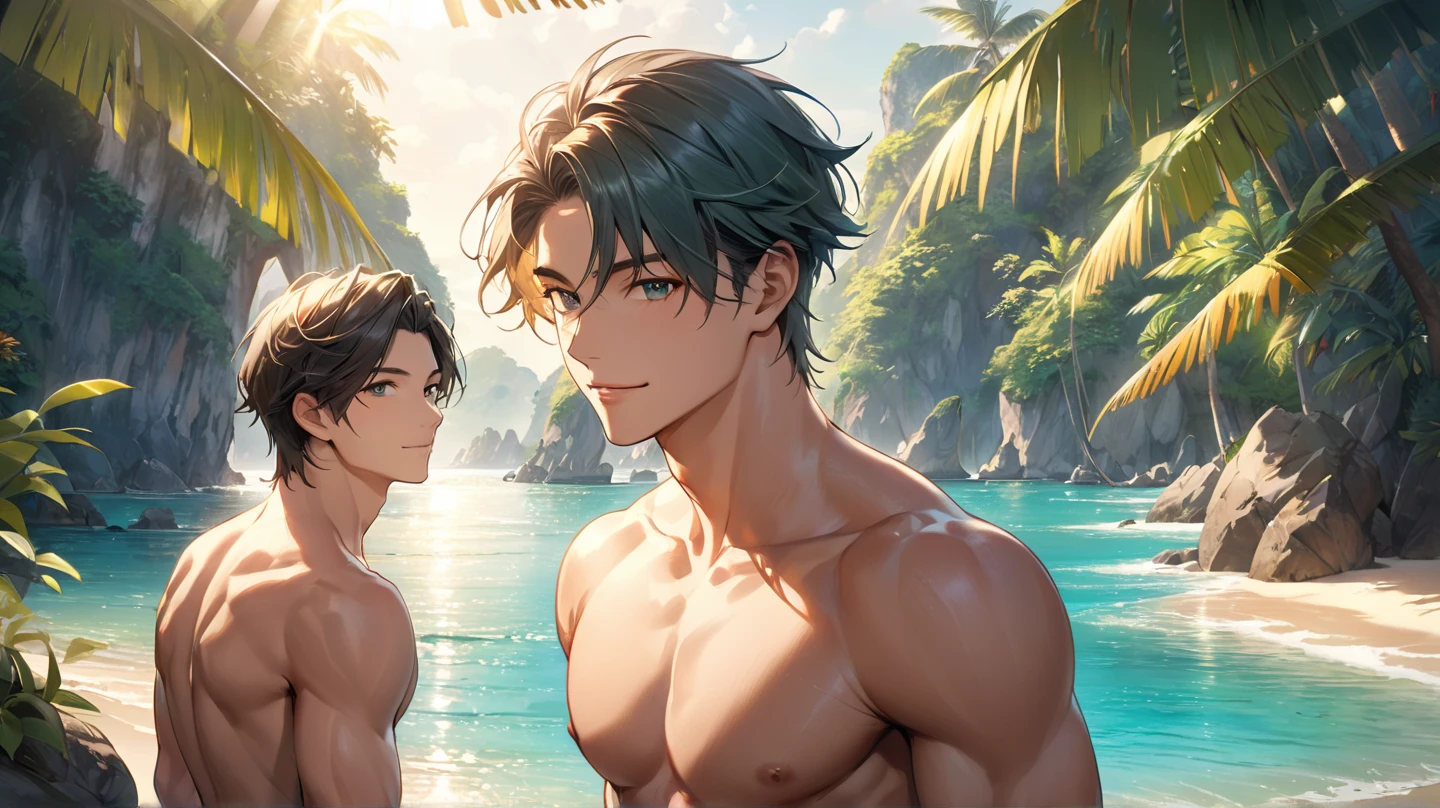 (High-quality masterpiece, Linye and James character from Tower of Fantasy wearing bikinis together: 1.5),
(Hyper-realistic, ethereal: 1.4),
(Linye: Tanned, toned body, short blonde hair, blue eyes, playful smile),
(James: Athletic build, muscular physique, short brown hair, green eyes, serious expression),
(Bright and vibrant colors, 8K resolution, highly detailed textures),
(Realism: 1.3),
(Wearing matching bikinis, sitting on the shore, sun setting behind them: 1.3),
(Int