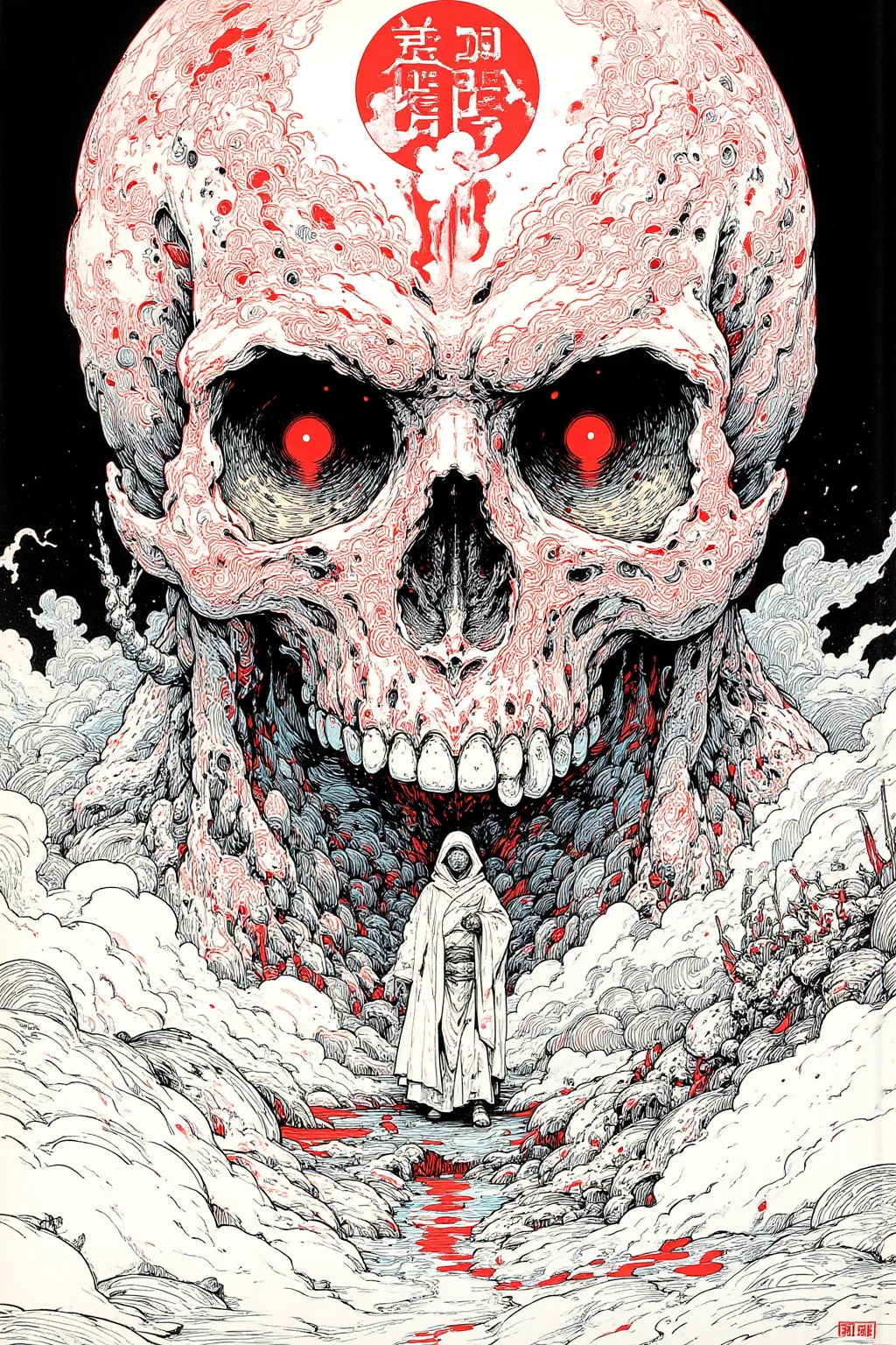 The skull of a red-eyed giant is buried in the desert,There is an Ukiyo-e of a man standing on that skull,skull painting,Red skull nose, detailed cover art ,Black Details ,Scary works, Exorcist ,abstract and abstract sky, mystical horror art , burning bright red hollow eyes,mixed style Ukiyo-e manga,Ink Sketch, picture drawn with brush and ink  ,Professional Drawing  , Black and white painting ,  Ink painting  , sharp concentration , Super Detailed Picture Inspired by Lotte Reiniger,ukiyo-e,   繊細なInk paintingの詳細  ,  Extra Fine Ink details ,occult art  ,  graphic details   ,  Ink drawing  , Detail shot,  Amazing Details , Ukiyo-e style with black and white airbrush painting ,