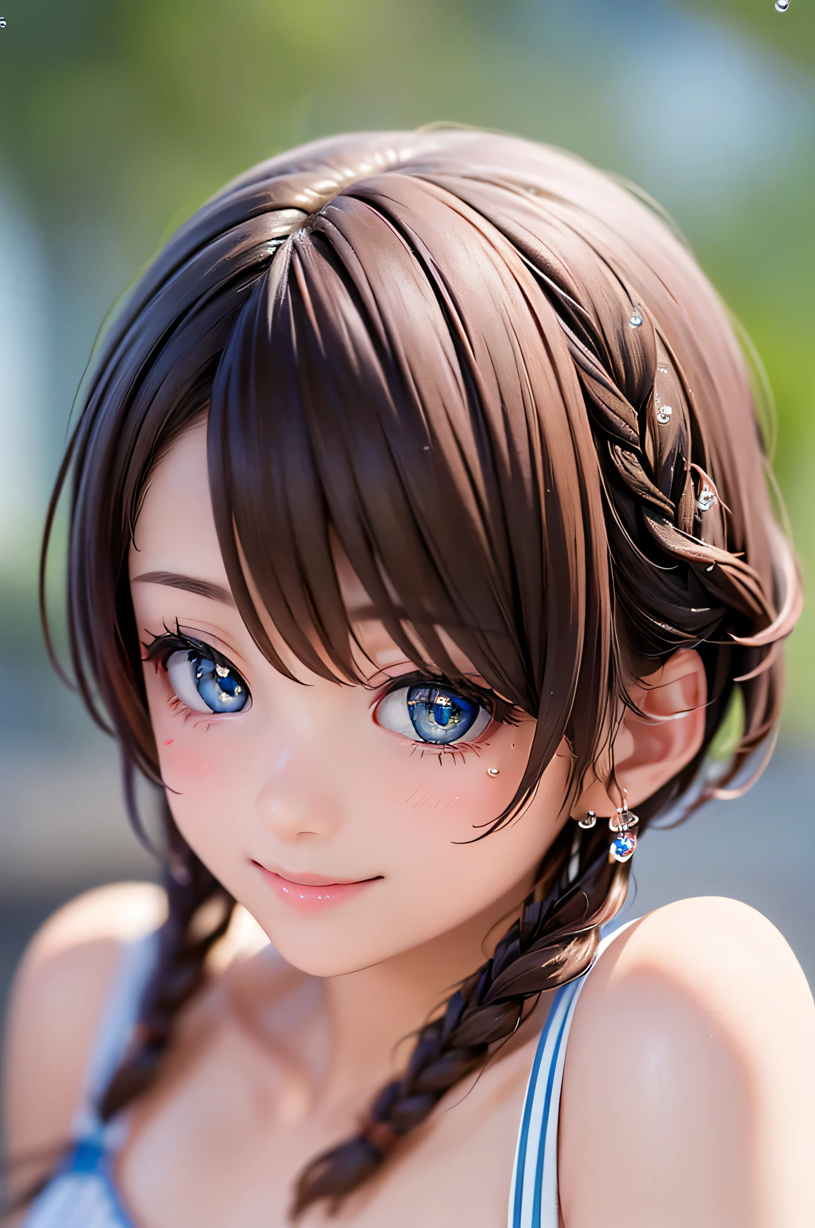 , ( brown short hair :1.5,Halterbra:1.5,Short braids:1.5), (photorealistic:1.8), (masterpiece, sidelights in the form of drops, Exquisitely Beautiful Eyes: 1.5), masterpiece portraits, realistic, 3d face,(cute face), front view: 1.6、 ( Sparkling Blue Eyes :1.2),plump face:1.5,(We say:1.5)、(charming smile:1.2),Rosy Mouth, because I get used to ', abs, shiny hair, brown tanned skin , glowing skin: 1.5、medium breasts,Chest、alone,(stand)、Wet Skin with Water Drops、(black thin i micro bikini:1.4)、(character emphasis:1.5、 portraits:1.5、upper body), (Midsummer Beach Background:1.4), blue sky,