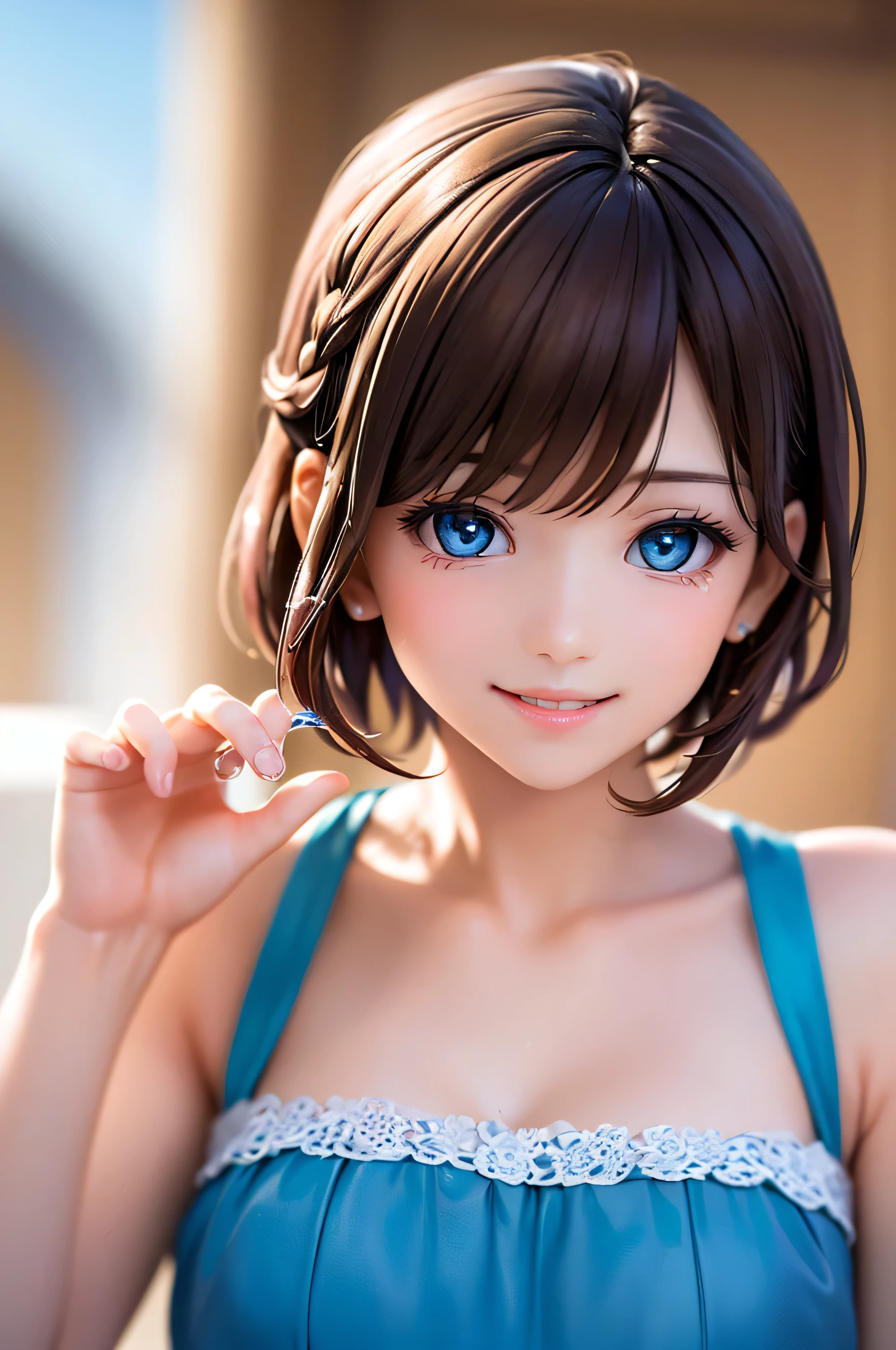 , ( brown short hair :1.5,Halterbra:1.5,Short braids:1.5), (photorealistic:1.8), (masterpiece,  sidelights in the form of drops, Exquisitely Beautiful Eyes: 1.5), masterpiece portraits, realistic, 3d face,(cute face), front view: 1.6、 ( Sparkling Blue Eyes :1.2),plump face:1.5,(We say:1.5)、(charming smile:1.2),Rosy Mouth, because I get used to &#39;, abs, shiny hair,  brown tanned skin , glowing skin: 1.5、medium breasts,Chest、alone,(stand)、Wet Skin with Water Drops、(black thin i micro bikini:1.4)、(character emphasis:1.5、 portraits:1.5、upper body), (Midsummer Beach Background:1.4), blue sky,