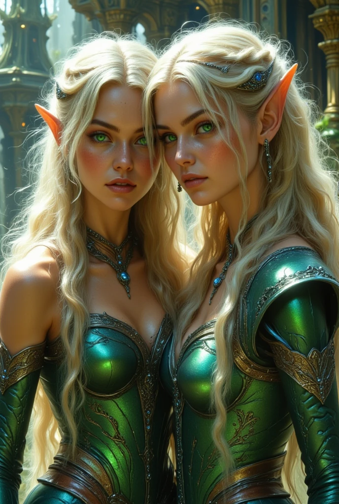 2 beautiful virgins very like fantasy stories, cinematographic: left Fatma with red hair and right Fiona with white hair, enveloped in an ethereal light, are intimately bound to an ancient tree in an enchanted forest, their bodies glowing with magical brilliance as their hair floats in the air. Style comic subrealism, perfec face, perfec eyes, anatomic perfec,