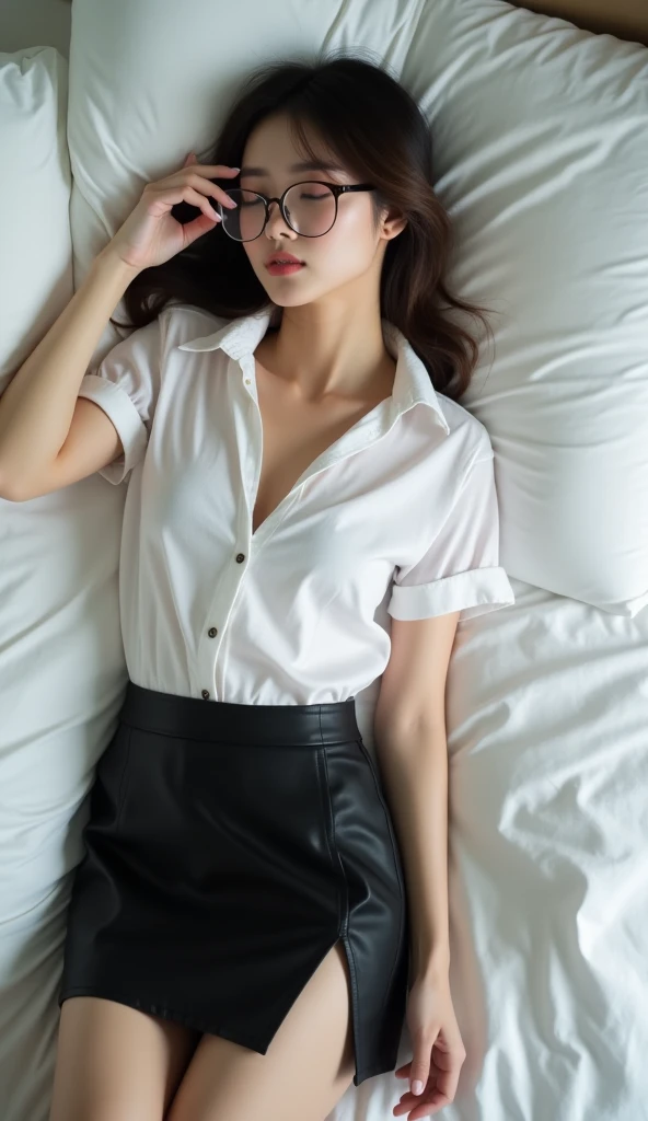 The face is :9,1270442595], Elegant high society elite woman in white shirt and black skirt, ((Raised on back on bed，With his eyes closed))、((Lie on your back))、((lying back on、fall、sleep))、(Short Layer Hair), Wear strict shirts and skirts, (Wear pantyhose)、Wear high-end heels、(Short Layer Hair), girl in a suit, merchant, Business clothes, Wear a shirt and skirt, Summer business wear,  primitive,(8K、top-quality、tmasterpiece:1.2)、(intricately details:1.4)、(Photorealsitic:1.4)、octane renderings、Complex 3D Rendering Ultra Detail, Studio soft light, rim lights, vibrant detail, super detailing, realistic skin textures, Detal Face, Beautiful detail eyes, Very detailed CG Unity 16k wallpaper, Make up - up, (detailedbackground:1.2), Bare with thighs!!!,