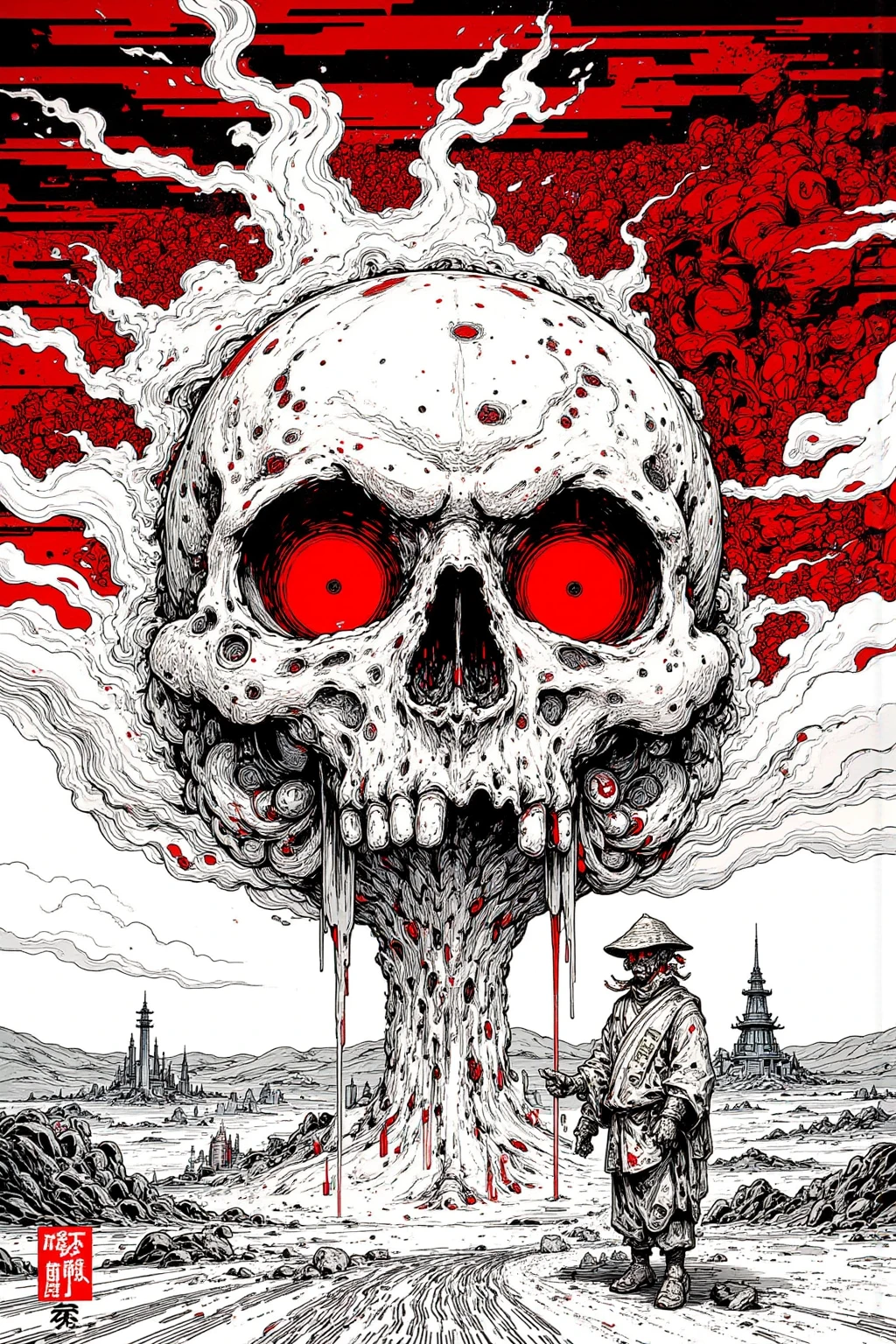 The skull of a red-eyed giant is buried in the desert,There is an Ukiyo-e of a man standing on that skull,skull painting,Red skull nose, detailed cover art ,Black Details ,Scary works, Exorcist ,abstract and abstract sky, mystical horror art , burning bright red hollow eyes,mixed style Ukiyo-e manga,Ink Sketch, picture drawn with brush and ink  ,Professional Drawing  , Black and white painting ,  Ink painting  , sharp concentration , Super Detailed Picture Inspired by Lotte Reiniger,ukiyo-e,   繊細なInk paintingの詳細  ,  Extra Fine Ink details ,occult art  ,  graphic details   ,  Ink drawing  , Detail shot,  Amazing Details , Ukiyo-e style with black and white airbrush painting ,