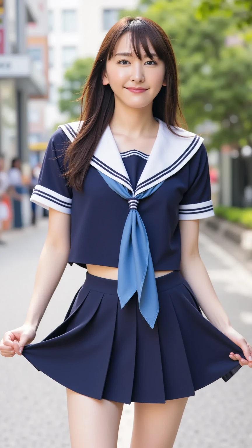 neat college girl, (school uniform, sailor uniform, ribbon tied at chest, summer uniform, upper body white, skirt is dark blue), outside the athletic field, (slim), photorealistic, detail, skin texture, ultra detail, delicate sexy collarbone, smile, super detailed face, detailed lips, detailed eyes, small breasts, small breasts, small, small, flat breasts, breast emphasis