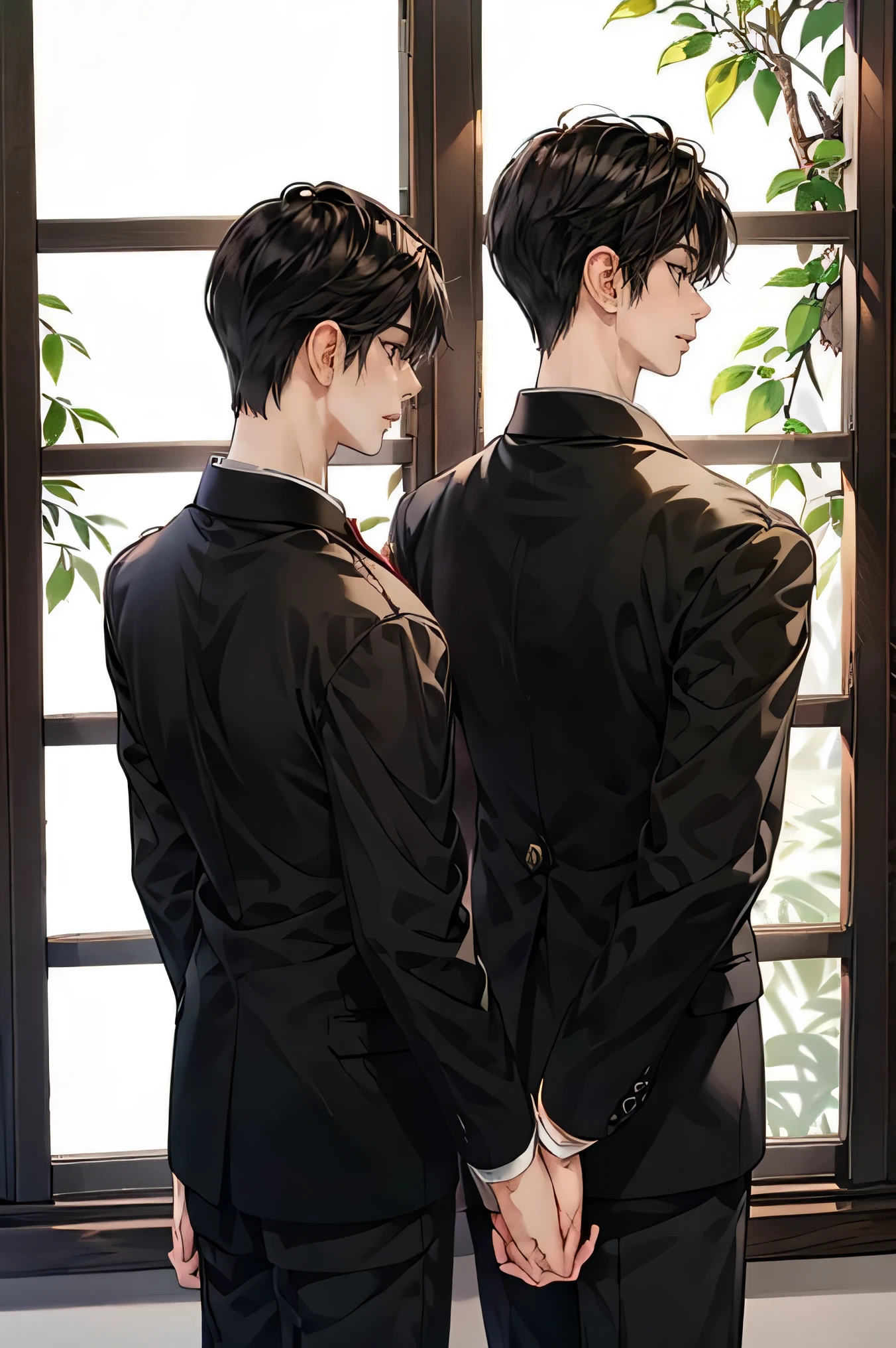 Two Japanese men handsome smile In the classroom window 二人共にBlack school run school uniform Black school run window windowの外は初春 two stand side by side boys love cartoon hold each other from behind
