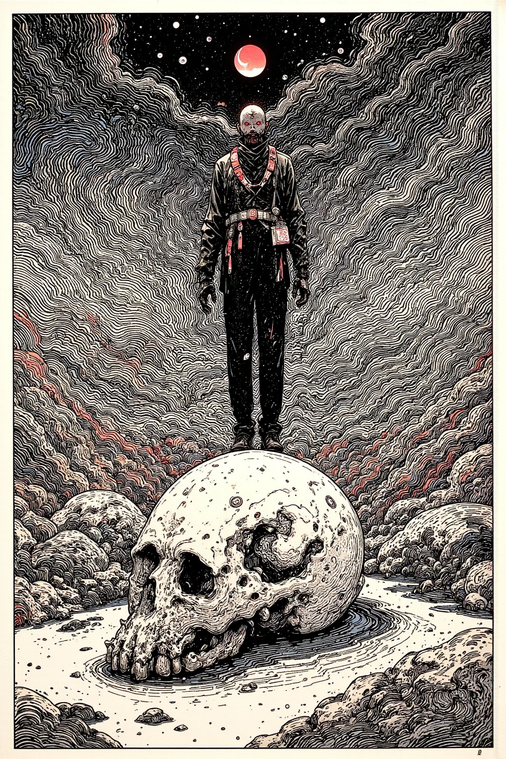 The skull of a red-eyed giant is buried in the desert,There is an Ukiyo-e of a man standing on that skull,skull painting,Red skull nose, detailed cover art ,Black Details ,Scary works, Exorcist ,abstract and abstract sky, mystical horror art , burning bright red hollow eyes,mixed style Ukiyo-e manga,Ink Sketch, picture drawn with brush and ink  ,Professional Drawing  , Black and white painting ,  Ink painting  , sharp concentration , Super Detailed Picture Inspired by Lotte Reiniger,ukiyo-e,   繊細なInk paintingの詳細  ,  Extra Fine Ink details ,occult art  ,  graphic details   ,  Ink drawing  , Detail shot,  Amazing Details , Ukiyo-e style with black and white airbrush painting ,