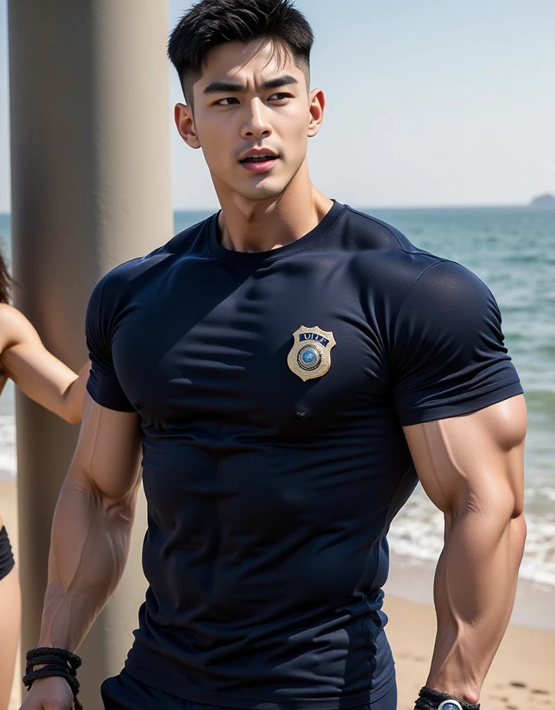 A male police officer in his 20s poses for a group photo....., Wear a white underwear ......................., high resolution, Masterpiece, best quality, head:1.3,((Hasselblad photos)), Smooth and fine skin, clear focus, (movie light), at the beach during the night, gentle light, Dynamic angle, [:(detailed face:1.2):0.2],(((exercise))), sport, His arm muscles were very big.........., hand in crotch.