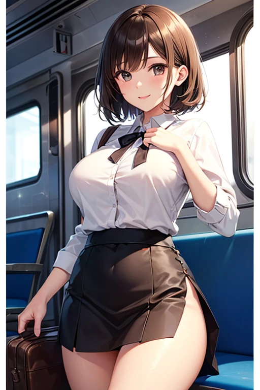 muste piece, best quality, 1 girl,brown hair, (black eye:1.2),((Office Lady)、((stockings))、((embarrassed expression))、((Nami))、((Photo from below))、(((blouse)))、((short hair))、((C cup breasts))、((mini skirt))、((panties))