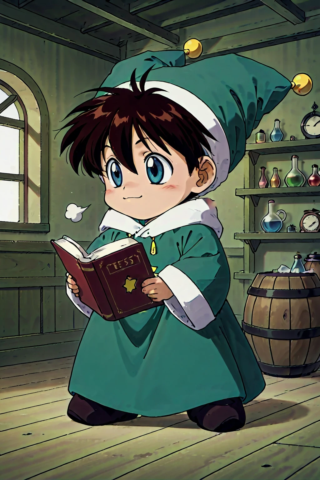 masterpiece,highest quality,Super detailed,32K,High resolution,an extremely delicate and beautiful,Official Art,Perfect Anatomy,(solo:1.5), Contrasting colors,octane rendering,Fully painted,anime coloring,anime screencap,Cel-shaded anime,retro artstyle,1990s \(style\),90s anime,90s anime style, perfect face,ultradeTailed eyes,beautiful,sexy,supermodel,athletic body,shiny skin,Dramatic light,(scale to fit the dimensions:1.2),
yousei\(Atelier\),eyebrows visible through hair,green coat,green headwear,green shirt,hair between eyes,jester cap,jewelry,long sleeves,((chibi anime:1.52)),((holding book,reading:1.25)),
face_focus,fantasy,indoor,test tube,flask,smoke,window_,scenery,laboratory equipment,alchemy,barrel,profile,looking ahead,sigh