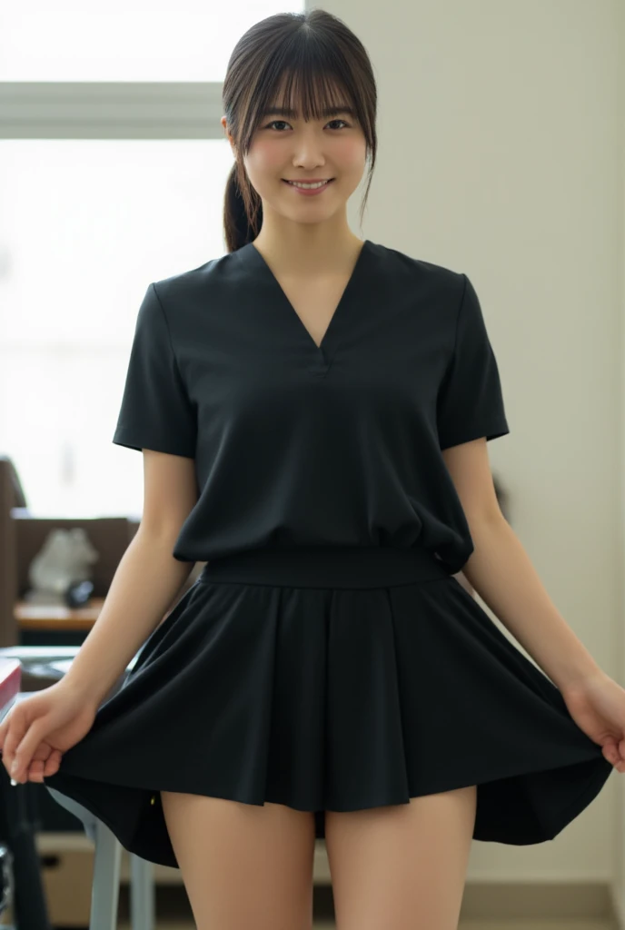 (masutepiece,High quality:1.3),(depth of fields:1.3) ,((front body:1.35)), Japanese ,woman, no makeup,standard height, thicc, curvy,(Looking at Viewer:1.3),(full body:1.2),Inside the office by the window