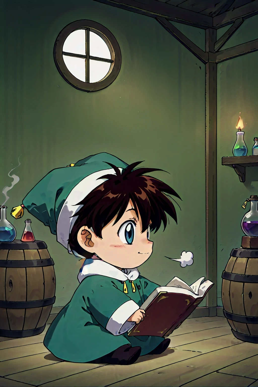 masterpiece,highest quality,Super detailed,32K,High resolution,an extremely delicate and beautiful,Official Art,Perfect Anatomy,(solo:1.5), Contrasting colors,octane rendering,Fully painted,anime coloring,anime screencap,Cel-shaded anime,retro artstyle,1990s \(style\),90s anime,90s anime style, perfect face,ultradeTailed eyes,beautiful,sexy,supermodel,athletic body,shiny skin,Dramatic light,(scale to fit the dimensions:1.2),
yousei\(Atelier\),eyebrows visible through hair,green coat,green headwear,green shirt,hair between eyes,jester cap,jewelry,long sleeves,((chibi anime:1.52)),((holding book,reading:1.25)),
face_focus,fantasy,indoor,test tube,flask,smoke,window_,scenery,laboratory equipment,alchemy,barrel,profile,looking ahead,sigh