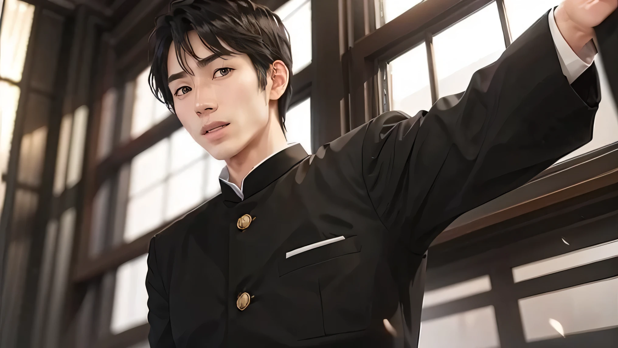Japanese man handsome short dark-haired adult short cropped smile In the classroom window window windowの外は初春 there is only one cherry tree Black school run school uniform Black school run Shaved head Shaved head Shaved head Shaved head