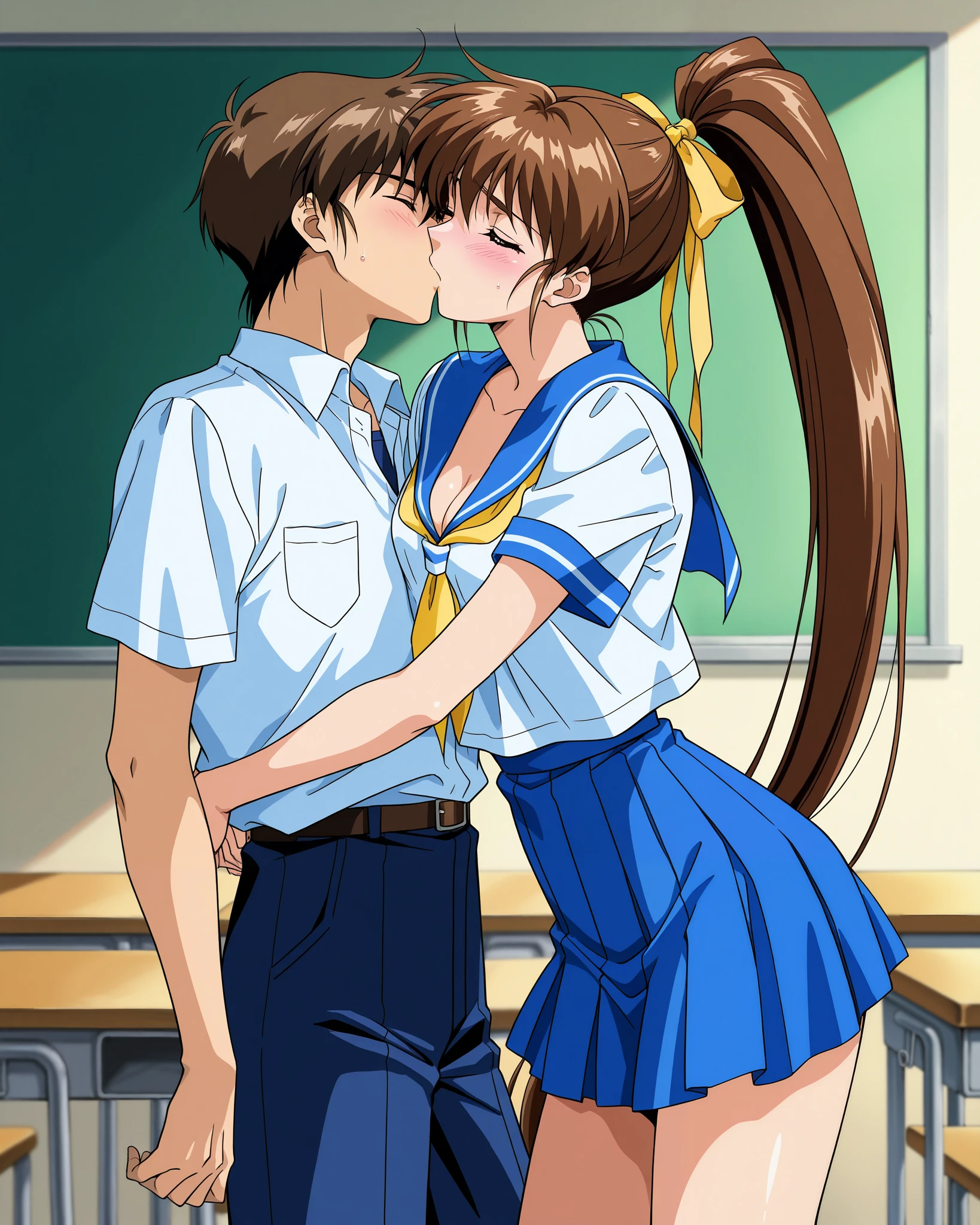 (one boy), one girl, (cowboy shot), AMATSU _AI, brown hair, ponytail, very long hair, ribbon, hair ribbon, hair bow, bangs, close eyes, high ponytail, 1990s \(style\),anime coloring, small breasts, cleavage, (shy), (blush), (I'm fascinated:1.2), school uniforms, yellow ribbon, sailor suit, skirt, blue sailor color to hold down clothes, ( man and woman deep kiss), (school classroom from below), (score_9, score_8_superior, score_7_superior, source_anime, (best quality:1.2), masterpiece, high quality, full color, 8k, High Resolution, front light