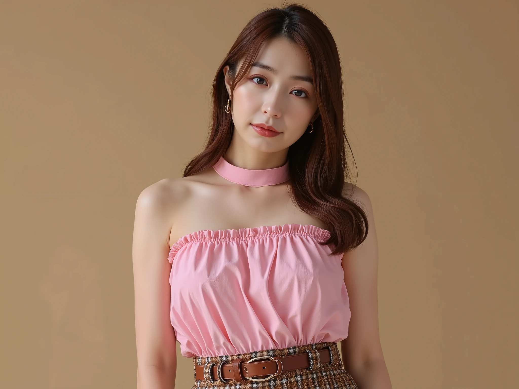 ((top quality , 8k)), ((photorealistic to tilt your head to the left)), ( masterpiece ), perfect face , pink border blouse, Mock neck, Sleeveless, Thick belt, plaid brown mini skirt, cute,valley,Expose your shoulders,