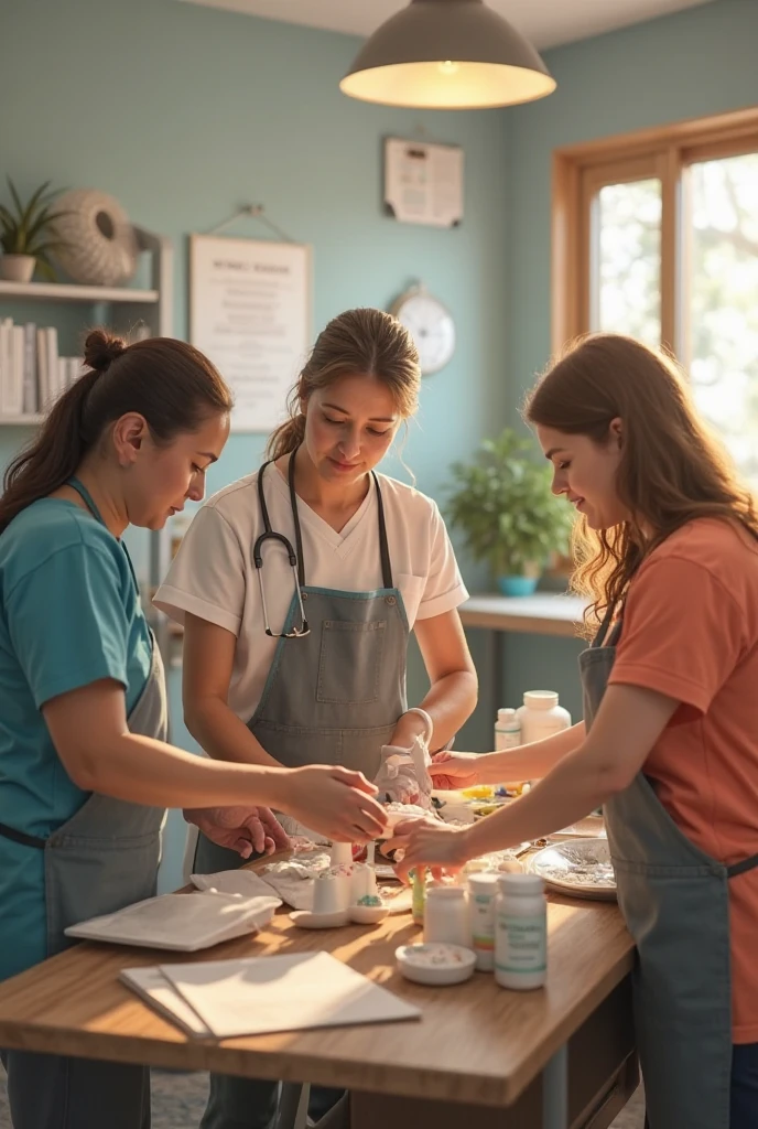A group of medical workers near the table, on the table is a bouquet of daisies, a cake, a box of sweets. --auto --s2