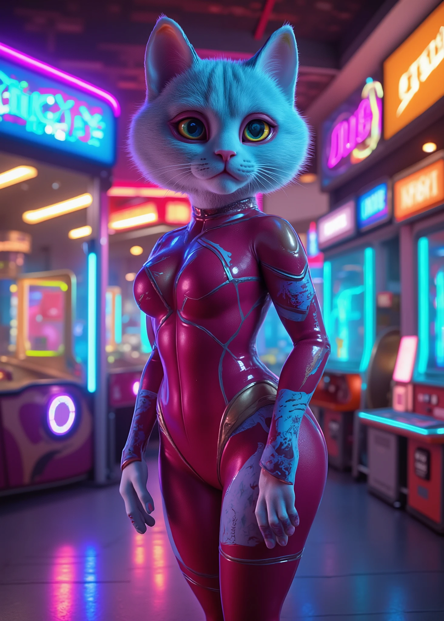 Anthropomorphic cat、stands on two legs、 Sexy Style 、cute、 arcade 、Colorful environment、 cat costume