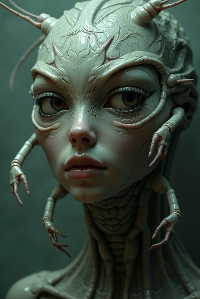 (extremadamente detallado, obra maestra, La mejor calidad), Estilo oscuro, intense illumination, rostro con arrugas, lengua larga, tentacle, deforme, monstruoso, interior de una piscina de agua verdosa, imagen submarina, alien con Colmillos finos, pico de pulpo amenazante. manchas de tinta. Rococo composition. Luz de caravaggio