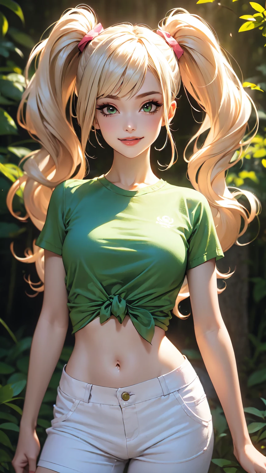 centered, professional photo, (looking at viewer:1.2), smiling, | Lindsay_Total_Drama, 1girl, solo, blue eyes, long hair, blonde hair, cleavage, bandana, skirt, | jungle,| bokeh, depth of field, hand on hip, contrapposto, cinematic composition, | <lora:Lindsay_Total_Drama:0.8>