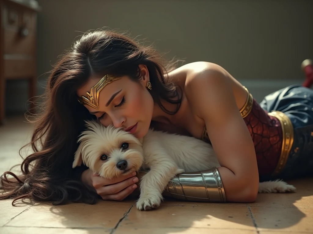 Cinematic style images of Wonder Woman hugging and kissing DC Comics superdog Krypto, a large white Labrador retriever, wearing a red cape with the Superman symbol and a gold collar with a diamond. An empty luxury apartment. Side view.