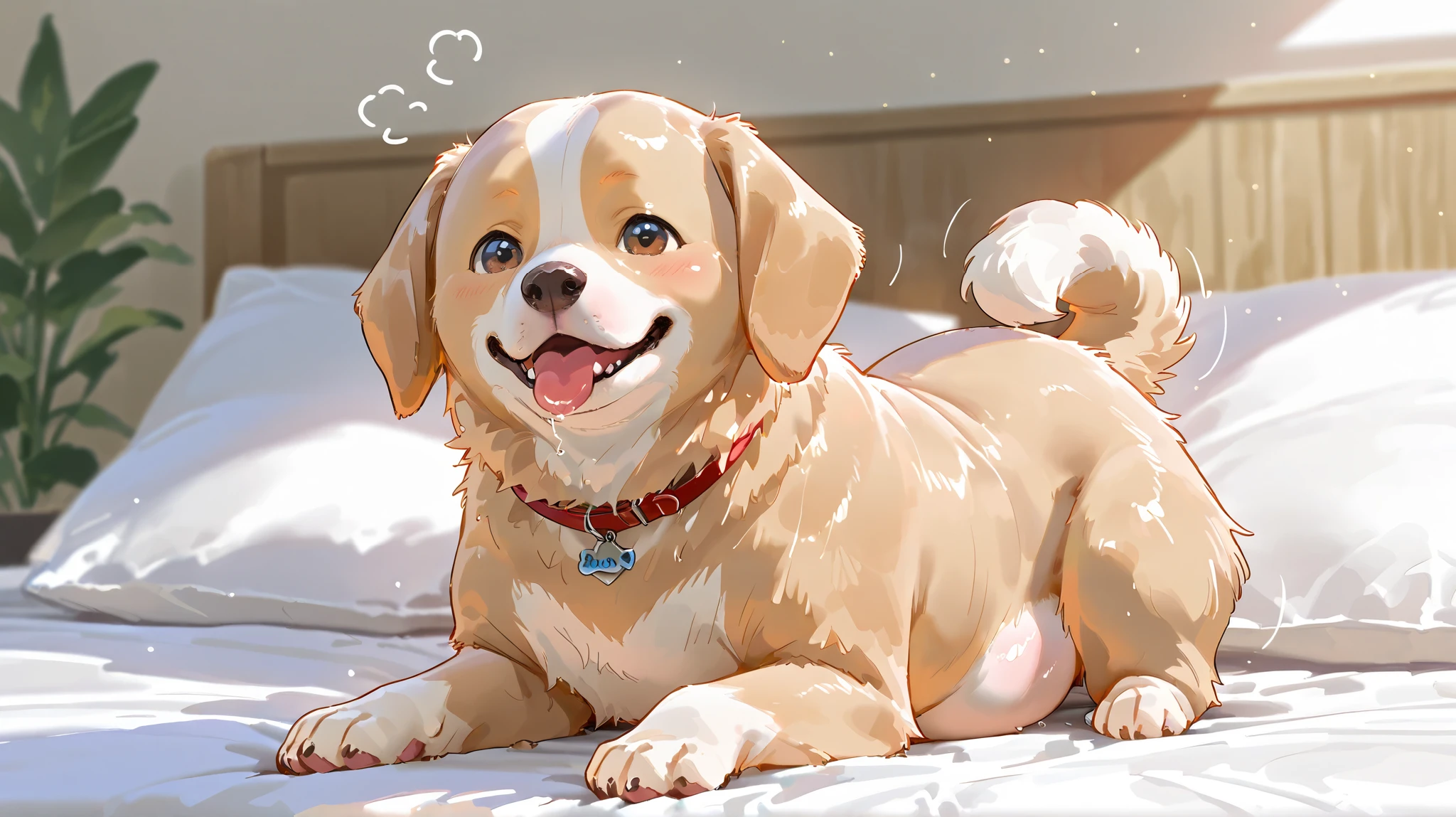 "a realistic plump dog, soft, shiny fur . he has a cute paw, round stomach and adorable expression, He has a cute paw with a short tail. He's trying to fry flour balls with a spoon using a fryer at home"