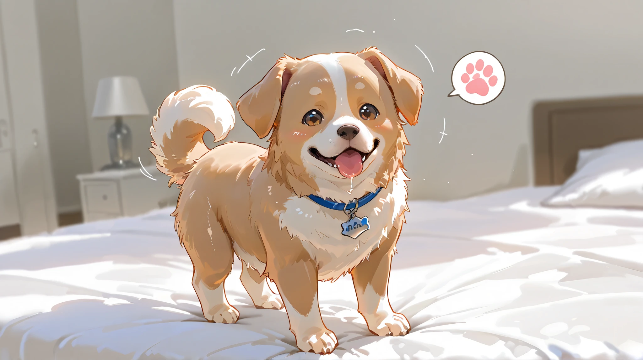 "a realistic plump dog, soft, shiny fur . he has a cute paw, round stomach and adorable expression, He has a cute paw with a short tail. He's trying to fry flour balls with a spoon using a fryer at home"