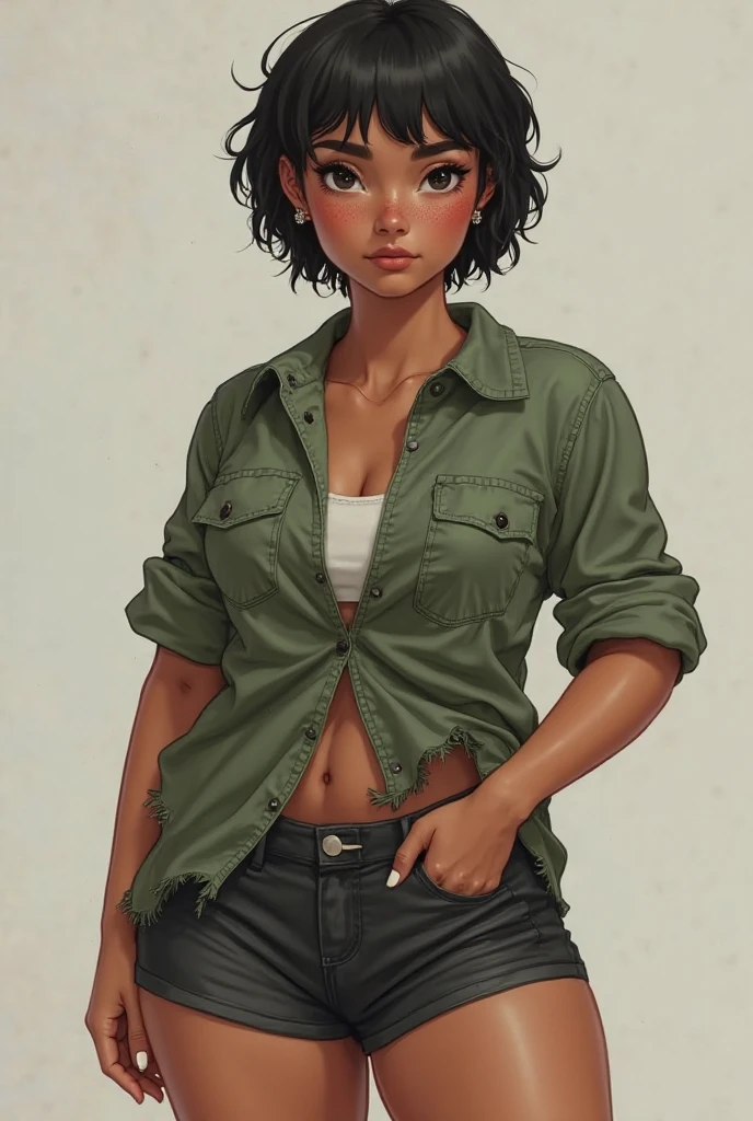a woman with dark skin, red eyes, short and messy hair, she wears a loose red shirt, the shirt covers her shorts, thick and beautiful legs, can be intimidating, dark hair
make a rule 34 of it