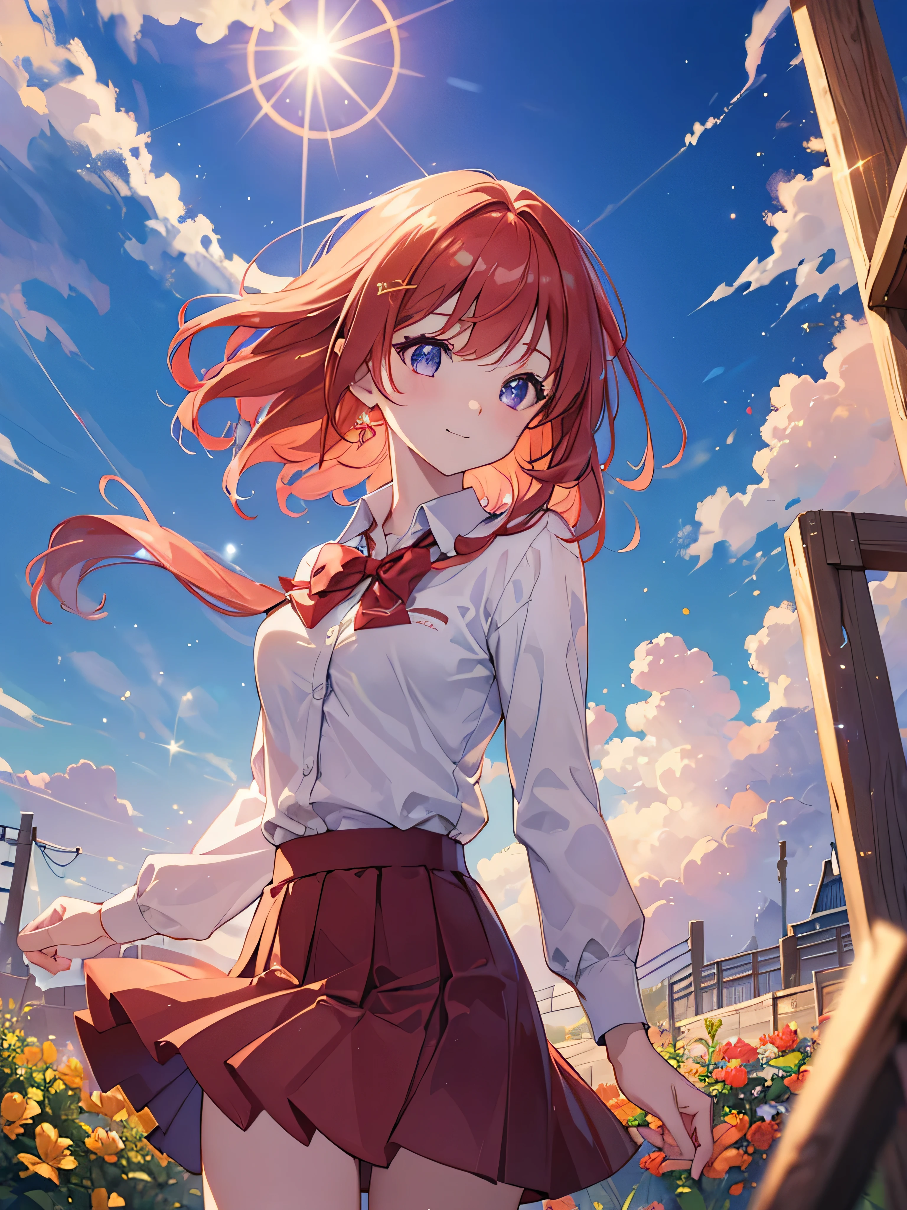 (((masterpiece))), (((best quality))),extremely detailed CG,(lens flare:1.4),the background is school garden,(magnificent view:1.2),(wind),1 girl,solo focus,red short wavy hair ,light smile,light makeup,cinematic angle,cowboy shot,Small breasts, school uniform blazer, 


