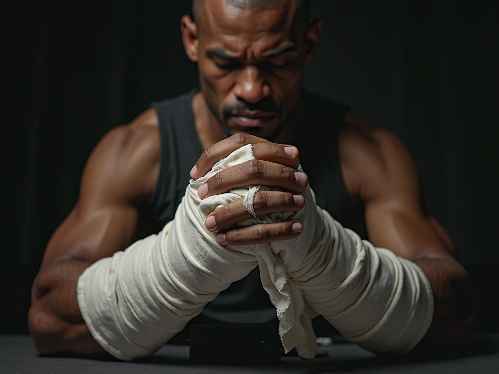 "A close-up shot of Kamaru Usman’s severely damaged knees, emphasizing the scar tissue and inflammation. The knees are wrapped in bandages, with a stark contrast between his muscular upper body and his weakened legs. The lighting is harsh, highlighting the pain etched on his face as he contemplates the constant struggle