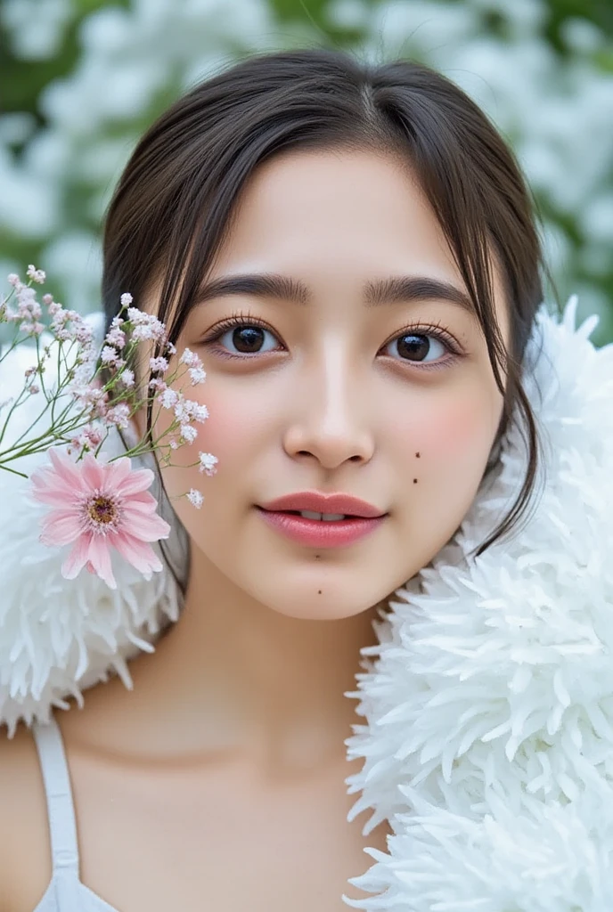 (table top、highest quality、8k、Award-winning work、ultra high resolution)、one girl、 (The most classy and beautiful spring clothes:1.1)、(Flower field background with countless flowers:1.2)、(The background is a colorful flower field:1.2)、(perfect anatomy:1.1)、close up of face、Lustrous and beautiful hair、Super high-definition sparkling brown eyes、(Shiny and beautiful skin:1.2)、(Beautiful skin that is extremely brightly illuminated:1.2)、beautiful glossy lips、the most romantic love mood、(very bright and vivid:1.2)、(face covered in semen:1.3)、(A large amount of semen in a wide open mouth:1.3)