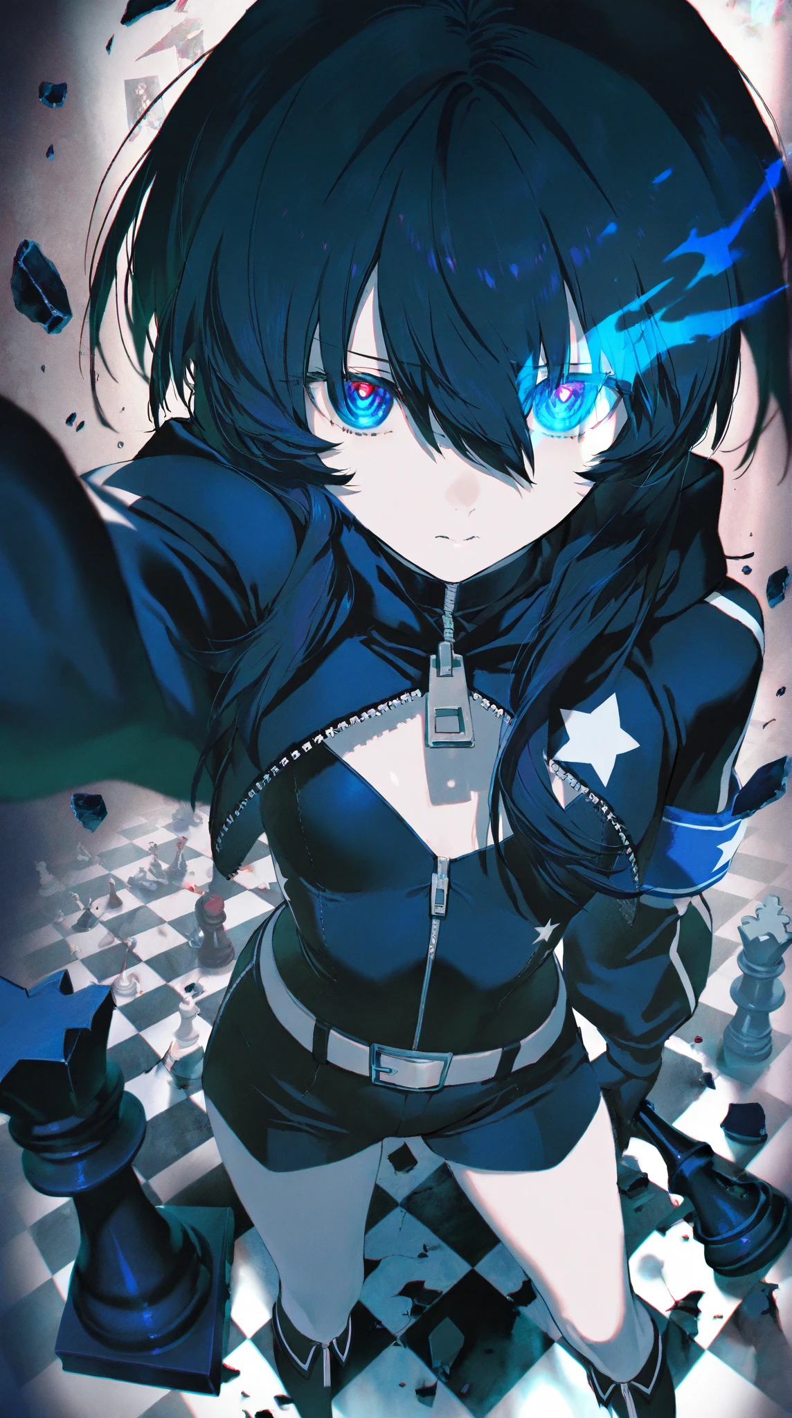 (((Obra maestra))), (((mejor calidad))), ((ultra detallado)), (highly detailed CG illustration), ((un extremadamente delicado y hermoso)), cinematic light, negro rock shooter (personaje),inexpresivo, negro_cabello,blue_eyes,bikini,abrigo, Cuello,departamento_pecho, front-tie_arriba, Correa,botas, roto,  diafragma, scar, estrella_\(symbol\), (dos colas:1.4), desigual_dos colas, (ojo llameante:1.2),delicado tablero de barandilla de vidrio reflectante y alto, manos, Science fiction,extremadamente detallado,vistoso,more detailed, roto glass, multiple_chicas, reflection, brillante, rage, aura, dark blue