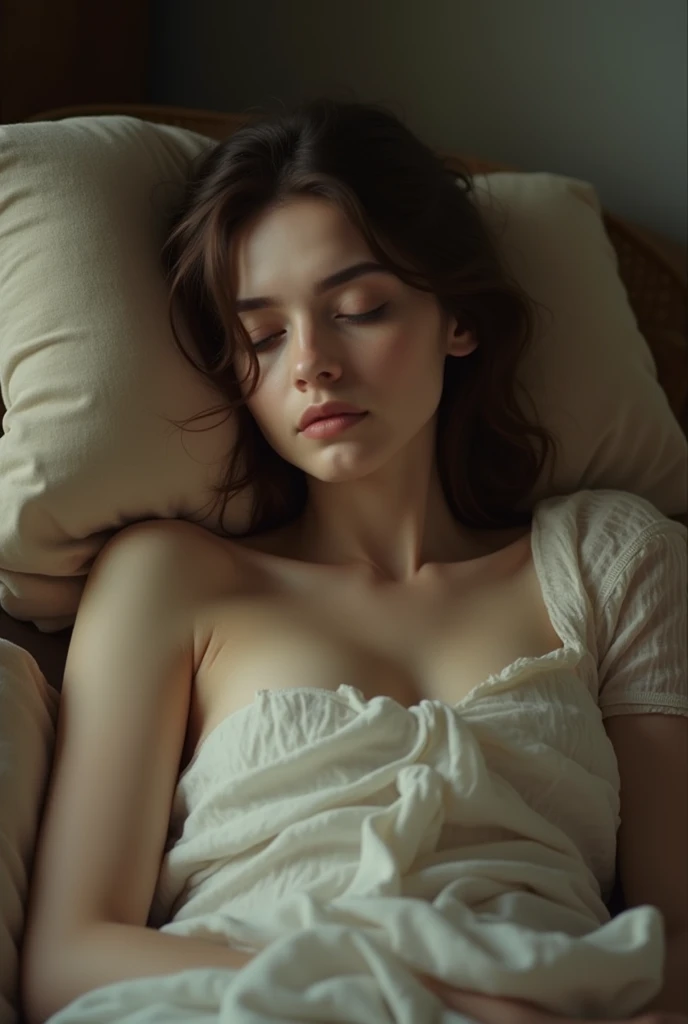 A girl lying in a bed without cloth and lap